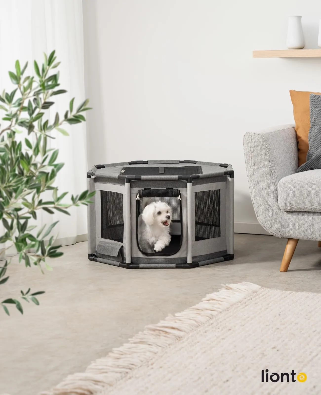 lionto Recinto per cani e gatti in tessuto Oxford e rete, struttura in PVC, ottagonale, 72x72x43 cm, grigio - immagine 2
