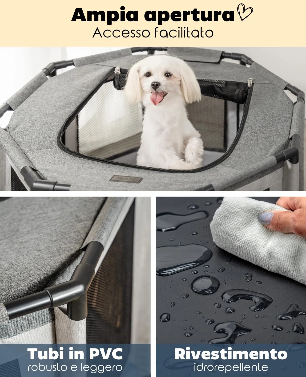 lionto Recinto per cani e gatti in tessuto Oxford e rete, struttura in PVC, ottagonale, 72x72x43 cm, grigio - immagine 3