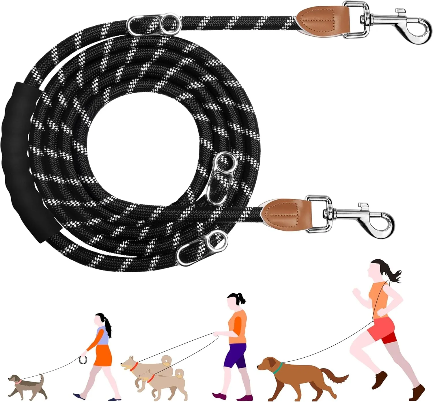 PETCOOZ Guinzaglio per Cani Regolabile 3m, Doppio con Filo Riflettente, Nero - immagine 1