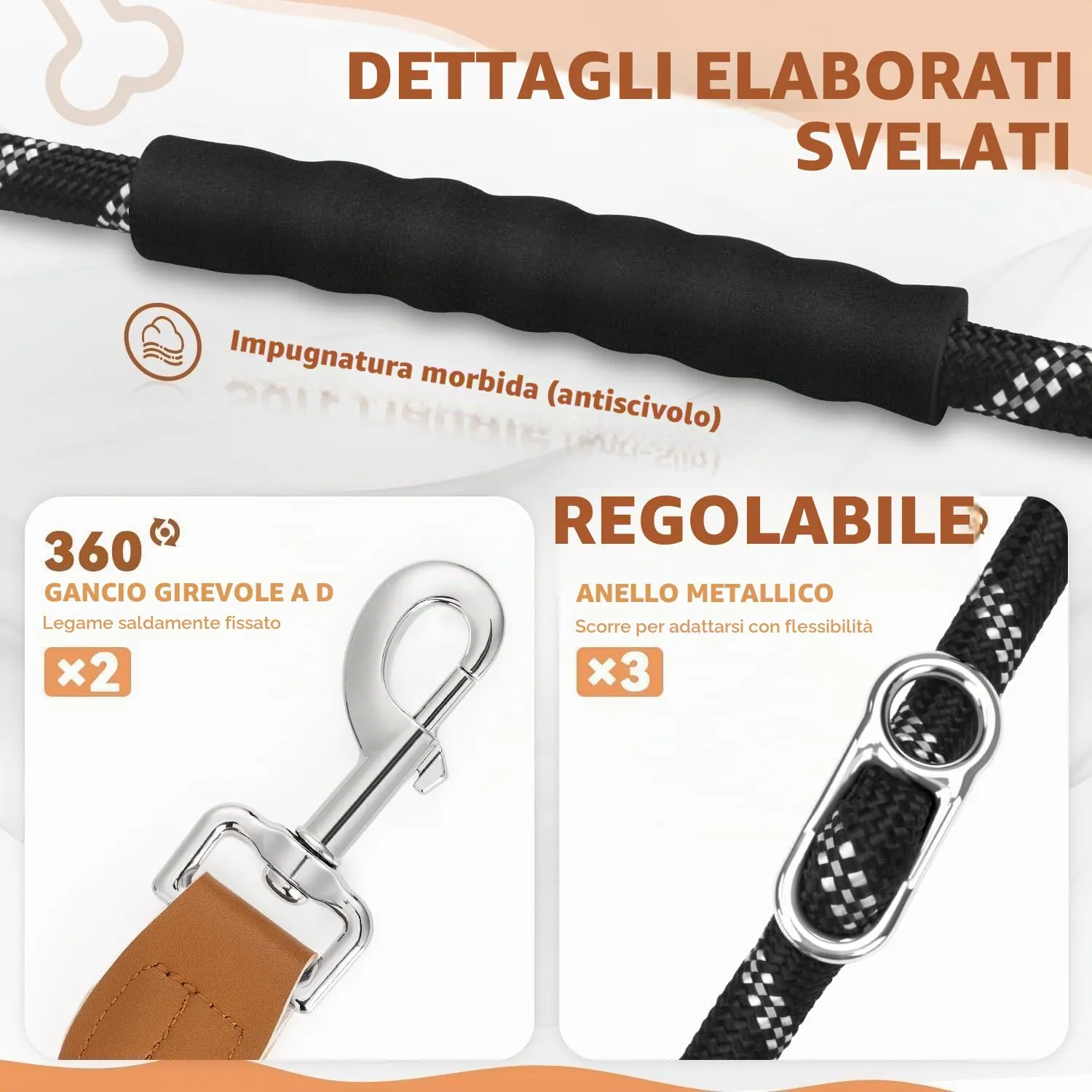 PETCOOZ Guinzaglio per Cani Regolabile 3m, Doppio con Filo Riflettente, Nero - immagine 4