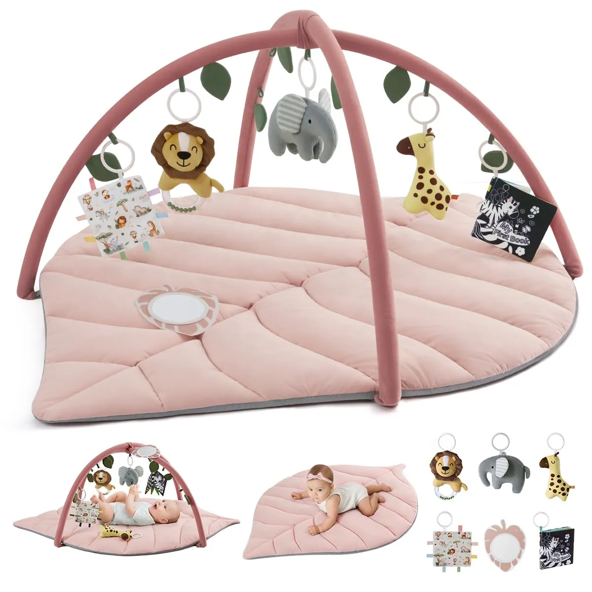 Blissful Diary Palestrina Neonato Montessori a Forma di Foglia con Arco Rimovibile e 6 Giochi, Rosa Cristallo - immagine 1