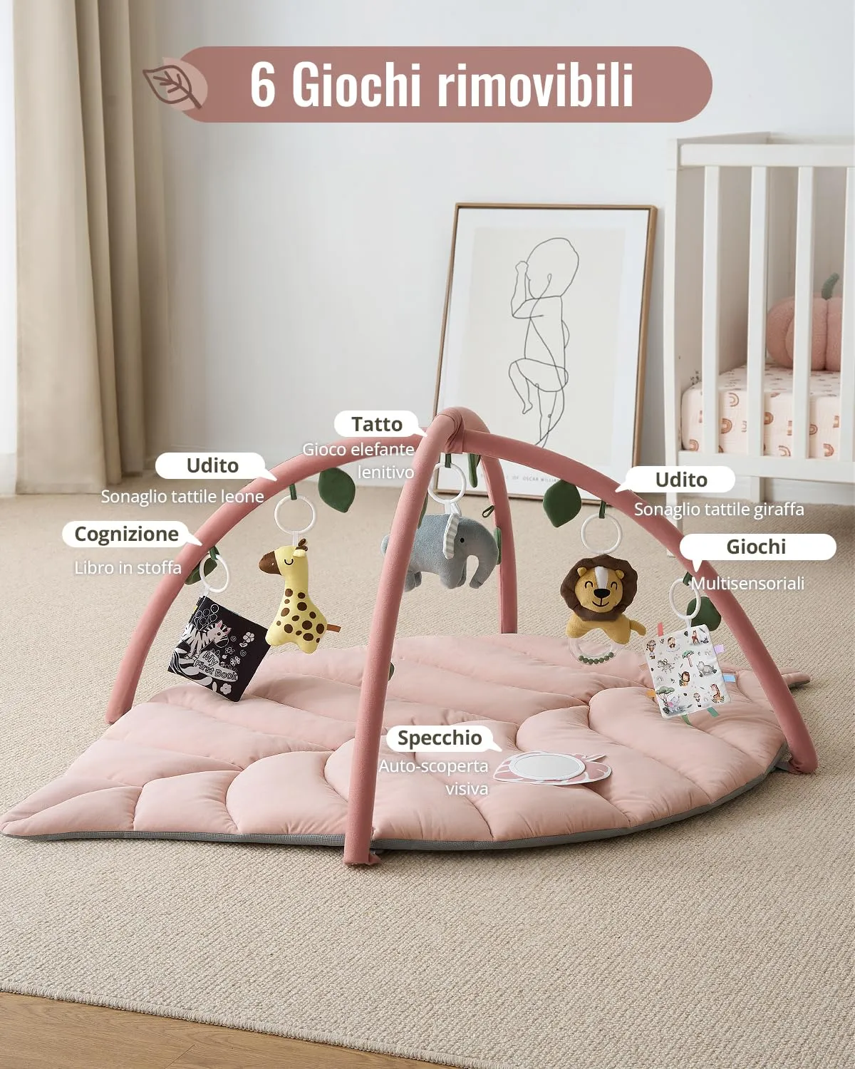 Blissful Diary Palestrina Neonato Montessori a Forma di Foglia con Arco Rimovibile e 6 Giochi, Rosa Cristallo - immagine 4