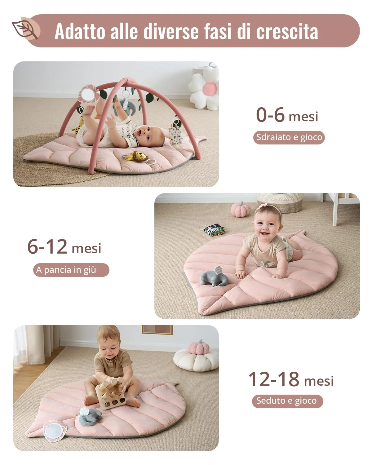 Blissful Diary Palestrina Neonato Montessori a Forma di Foglia con Arco Rimovibile e 6 Giochi, Rosa Cristallo - immagine 5