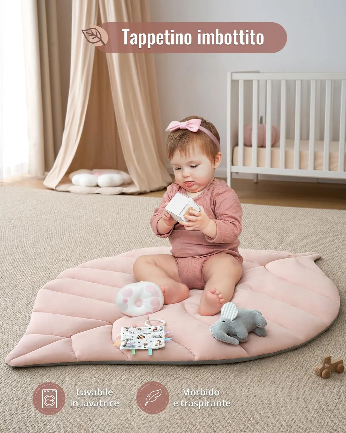 Blissful Diary Palestrina Neonato Montessori a Forma di Foglia con Arco Rimovibile e 6 Giochi, Rosa Cristallo - immagine 6