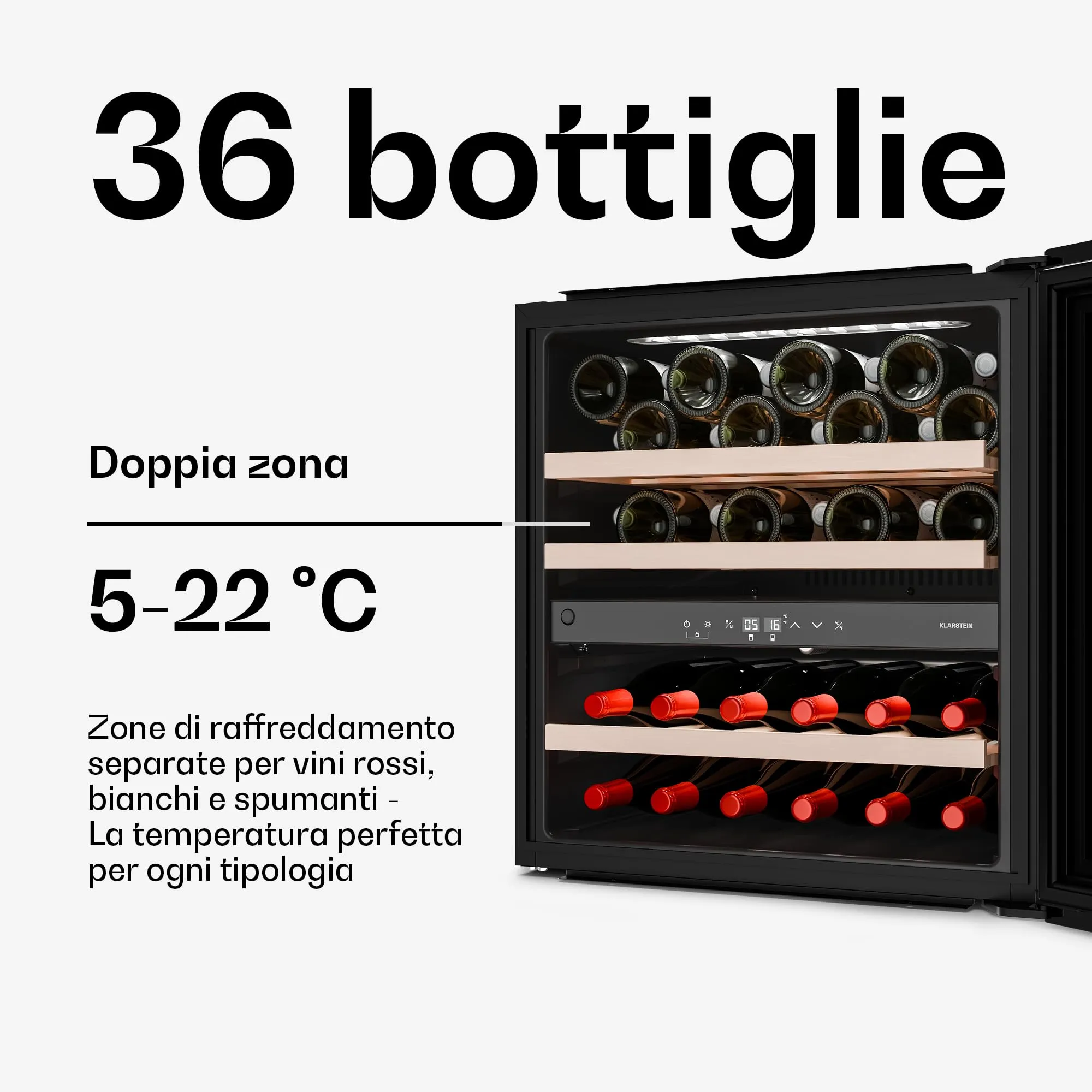 Klarstein Velaire Cantinetta per Vino Doppia Temperatura, 36 Bottiglie, 2 Zone 5-22°C, Touch, LED, Porta UV, Incasso, 41 dB - immagine 3