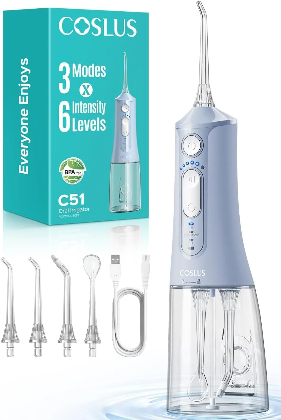 COSLUS C51 Idropulsore Dentale, Modalità Jet, 6 Pressioni, Blu Nebbia - immagine 1
