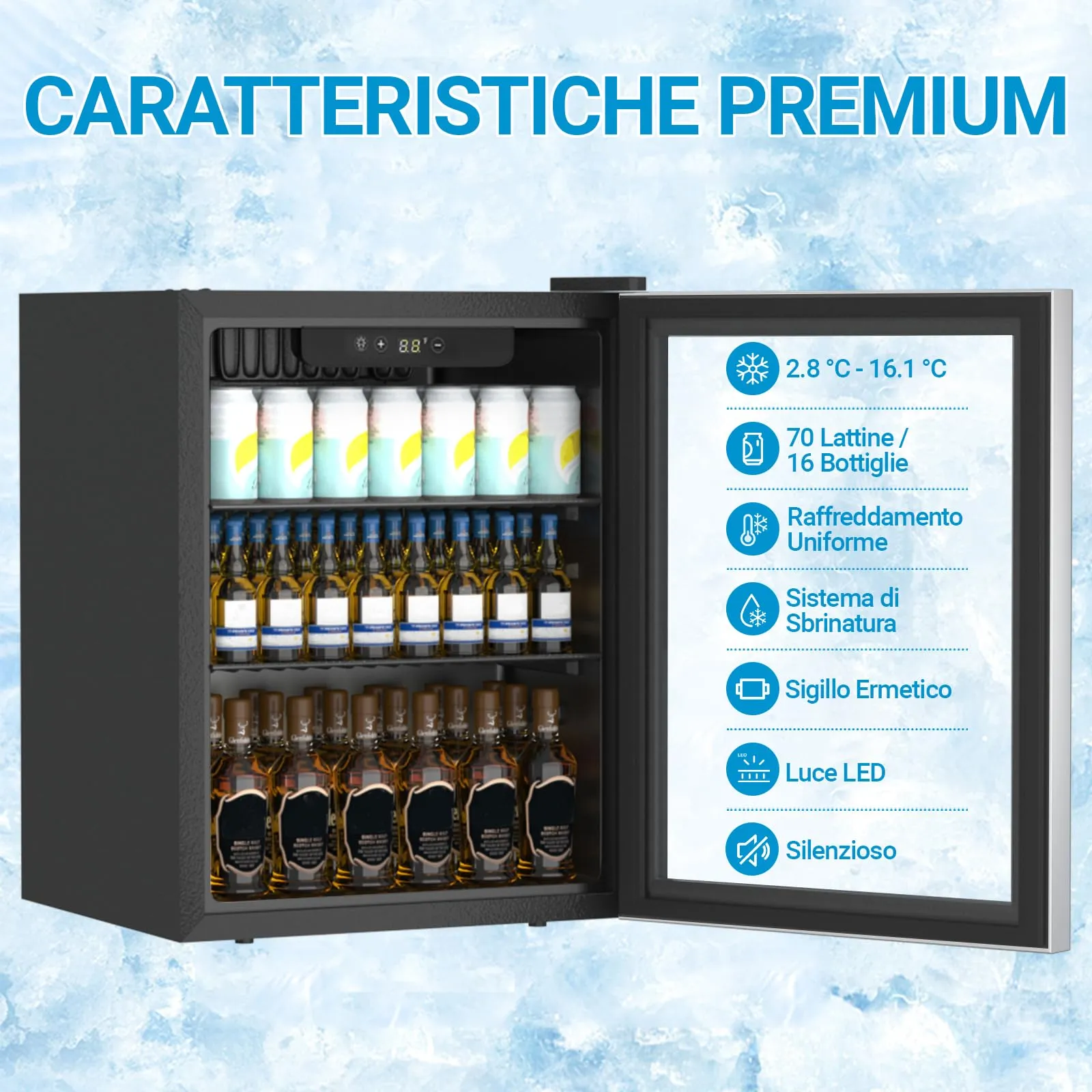 DollarDash Mini Frigo 50L per Bevande, Capacità 70 Lattine, Porta in Trasparente, Ripiani Regolabili e Display Digitale, Argento - immagine 3