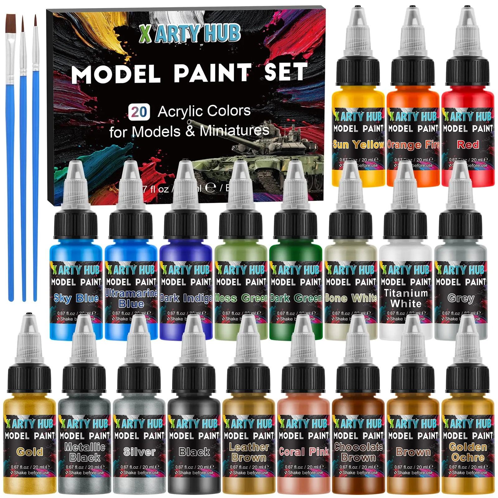 X ARTY HUB Set di Colori Acrilici per Modellismo, 20 Colori e 3 Pennelli - immagine 1