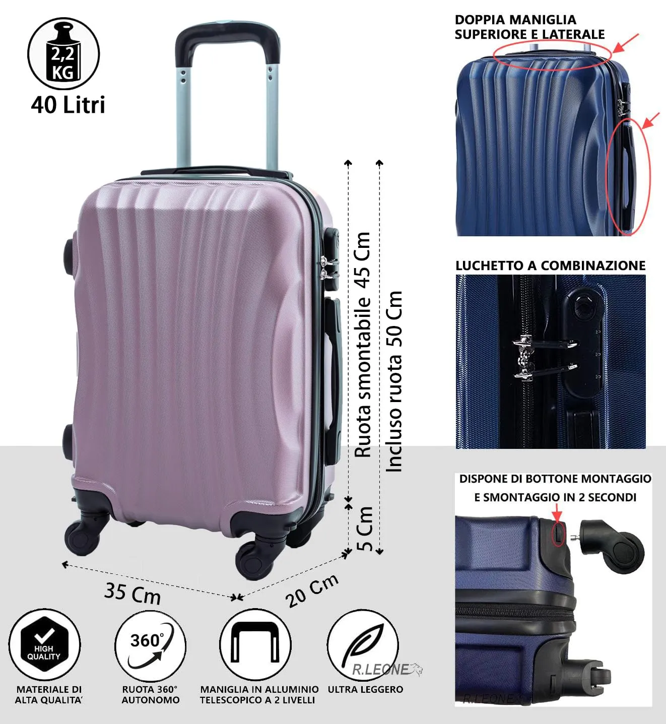 R.Leone EasyJet Valigia Trolley Bagaglio a mano in ABS 4 Ruote Rimovibili 20374, Rose Gold, 50x35x20 cm - immagine 2