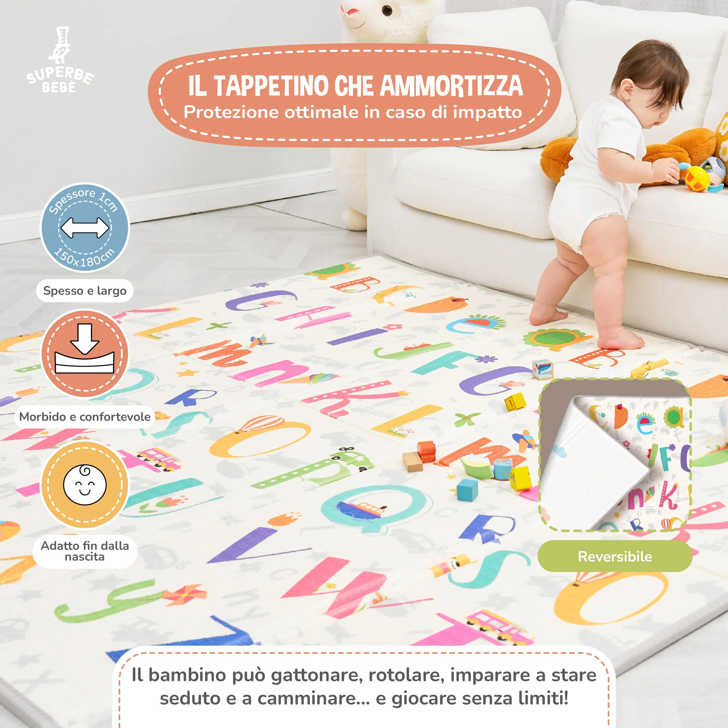SUPERBE BEBE Tappeto Gioco Bambini Pieghevole 150x180x1cm Montessori Reversibile in Schiuma Alphabet - immagine 2