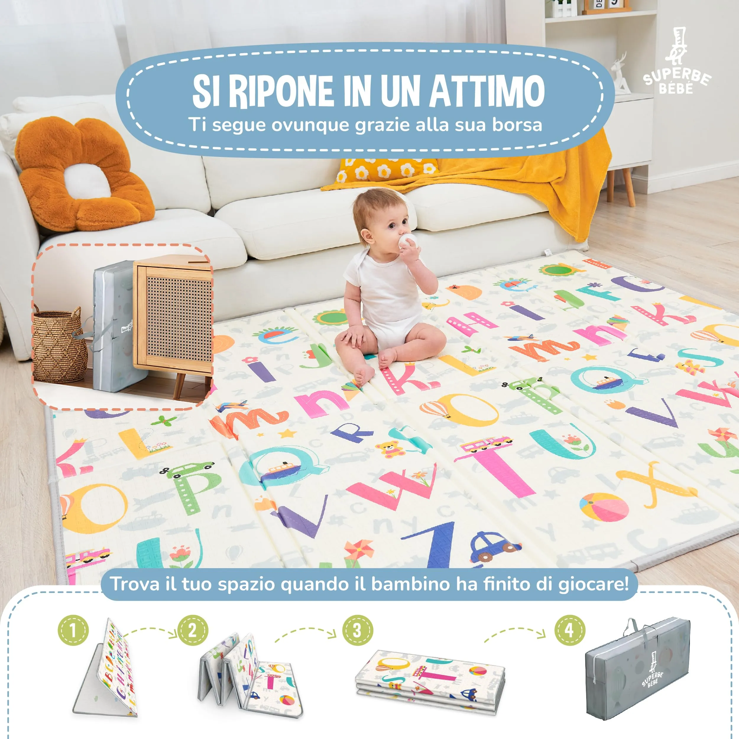 SUPERBE BEBE Tappeto Gioco Bambini Pieghevole 150x180x1cm Montessori Reversibile in Schiuma Alphabet - immagine 3