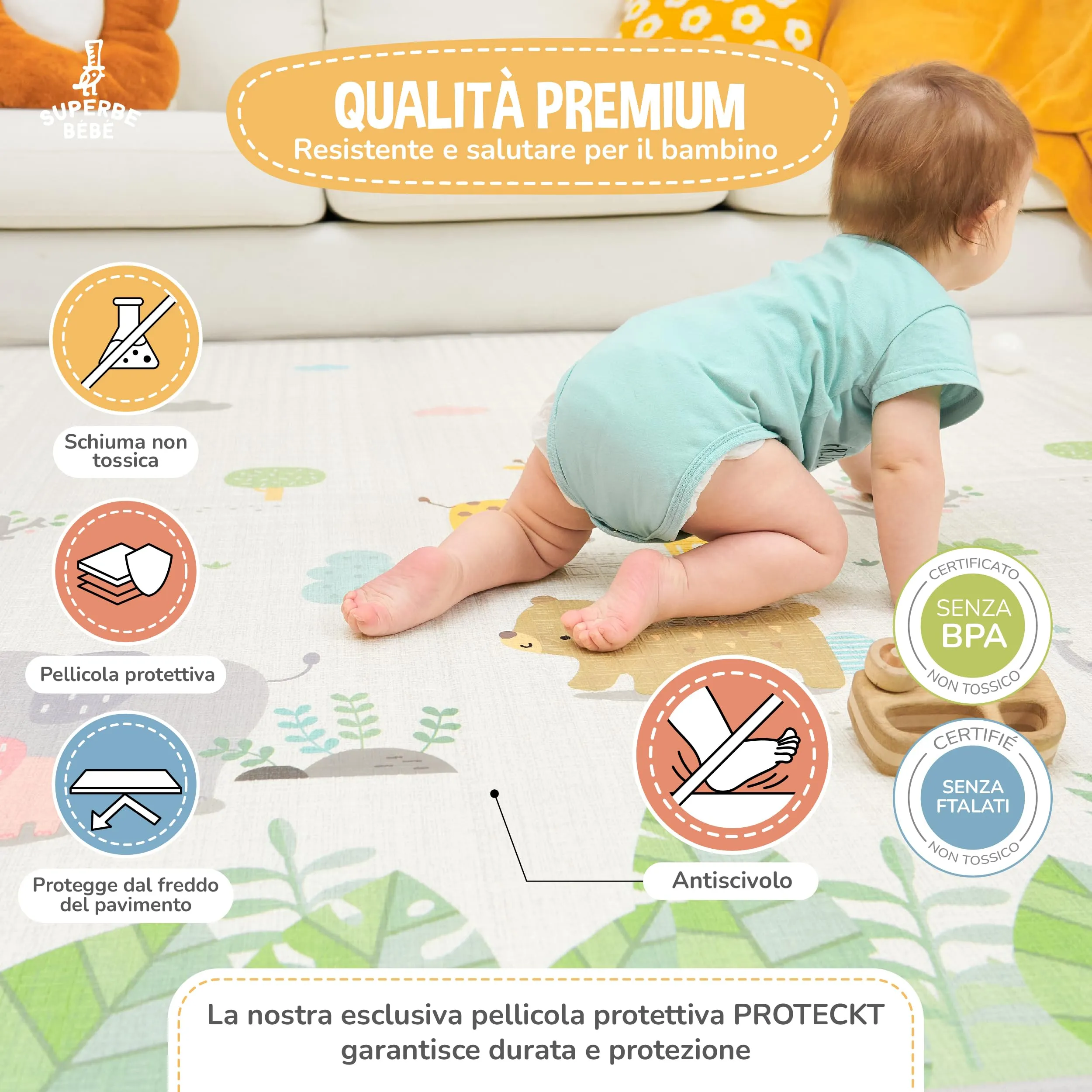SUPERBE BEBE Tappeto Gioco Bambini Pieghevole 150x180x1cm Montessori Reversibile in Schiuma Alphabet - immagine 5