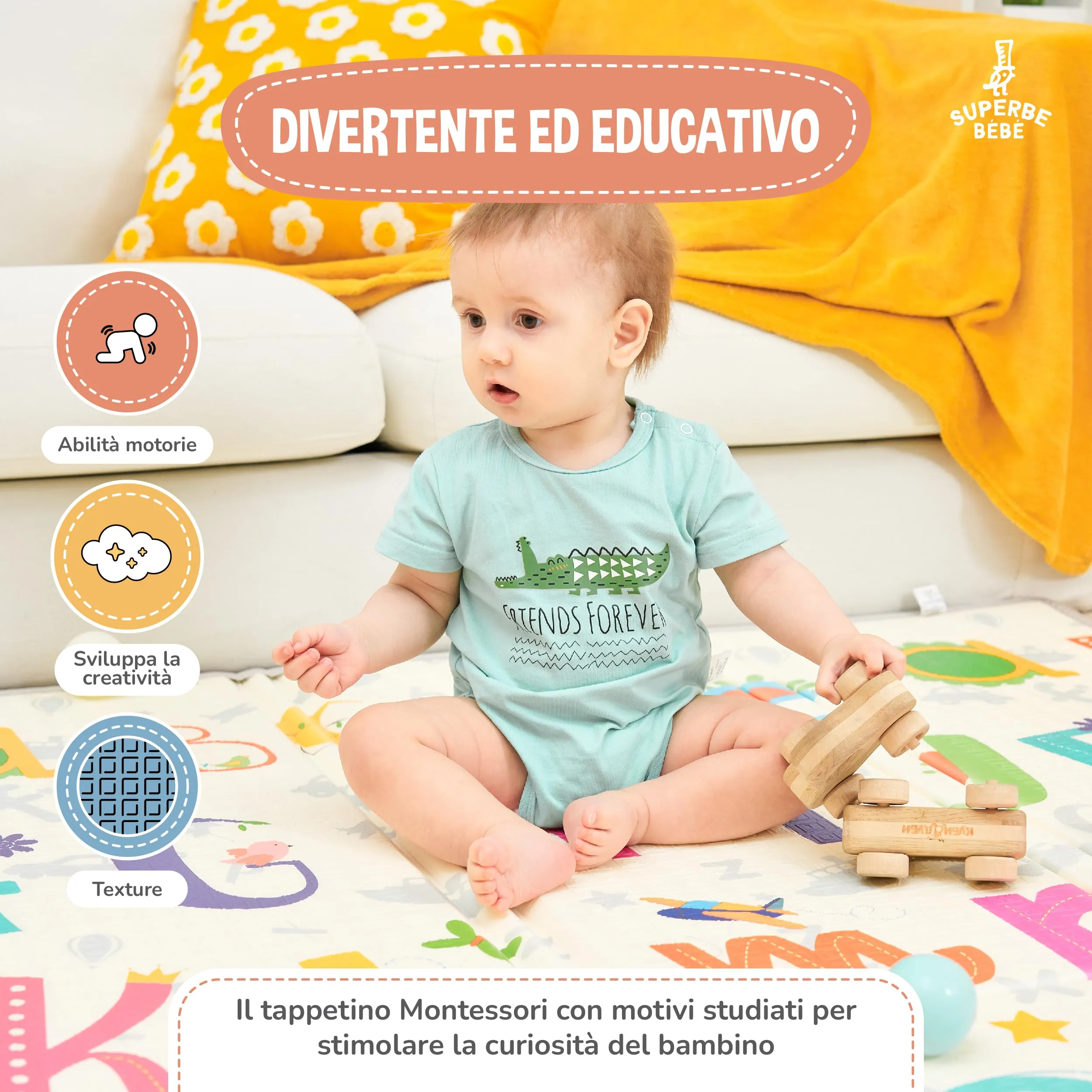 SUPERBE BEBE Tappeto Gioco Bambini Pieghevole 150x180x1cm Montessori Reversibile in Schiuma Alphabet - immagine 6