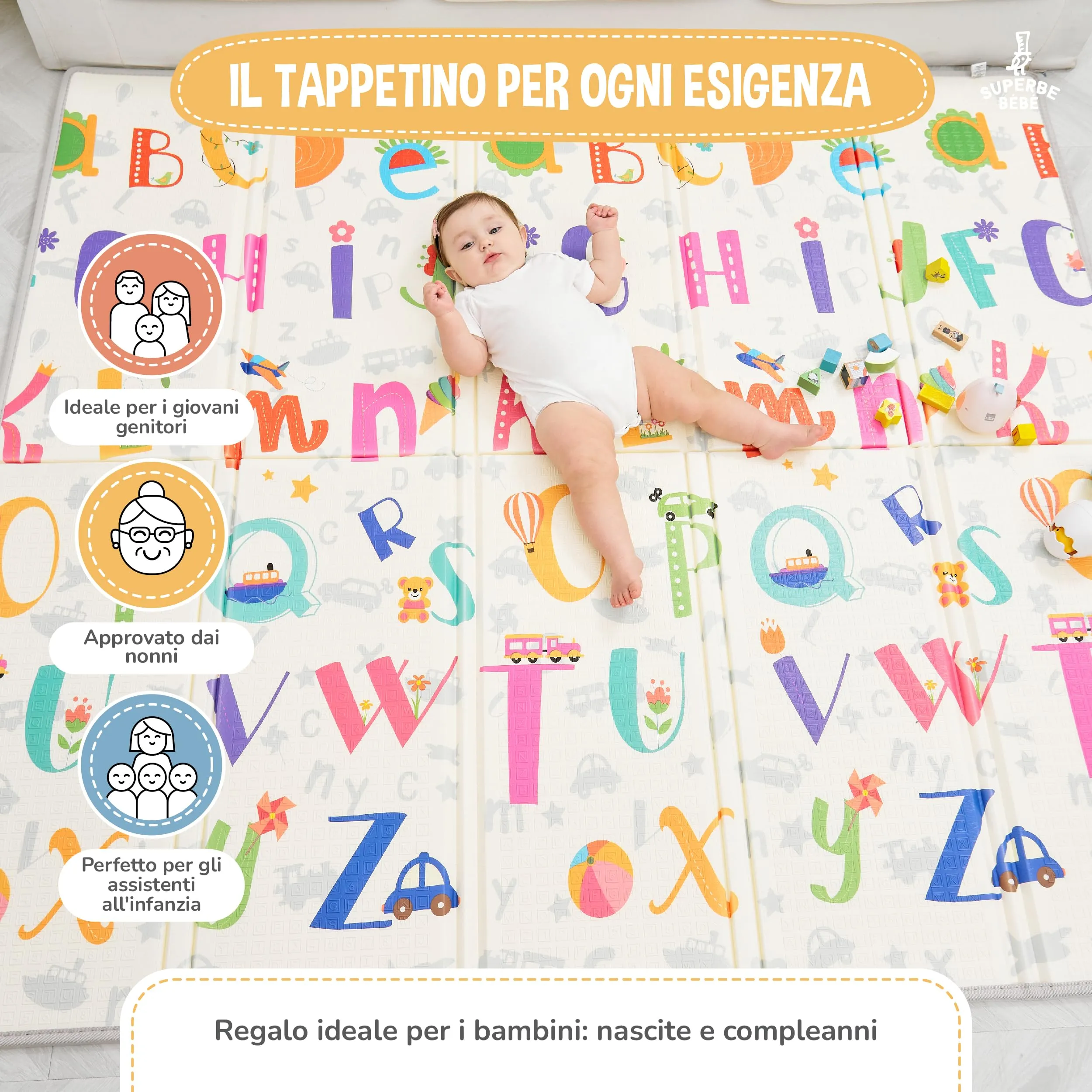 SUPERBE BEBE Tappeto Gioco Bambini Pieghevole 150x180x1cm Montessori Reversibile in Schiuma Alphabet - immagine 8