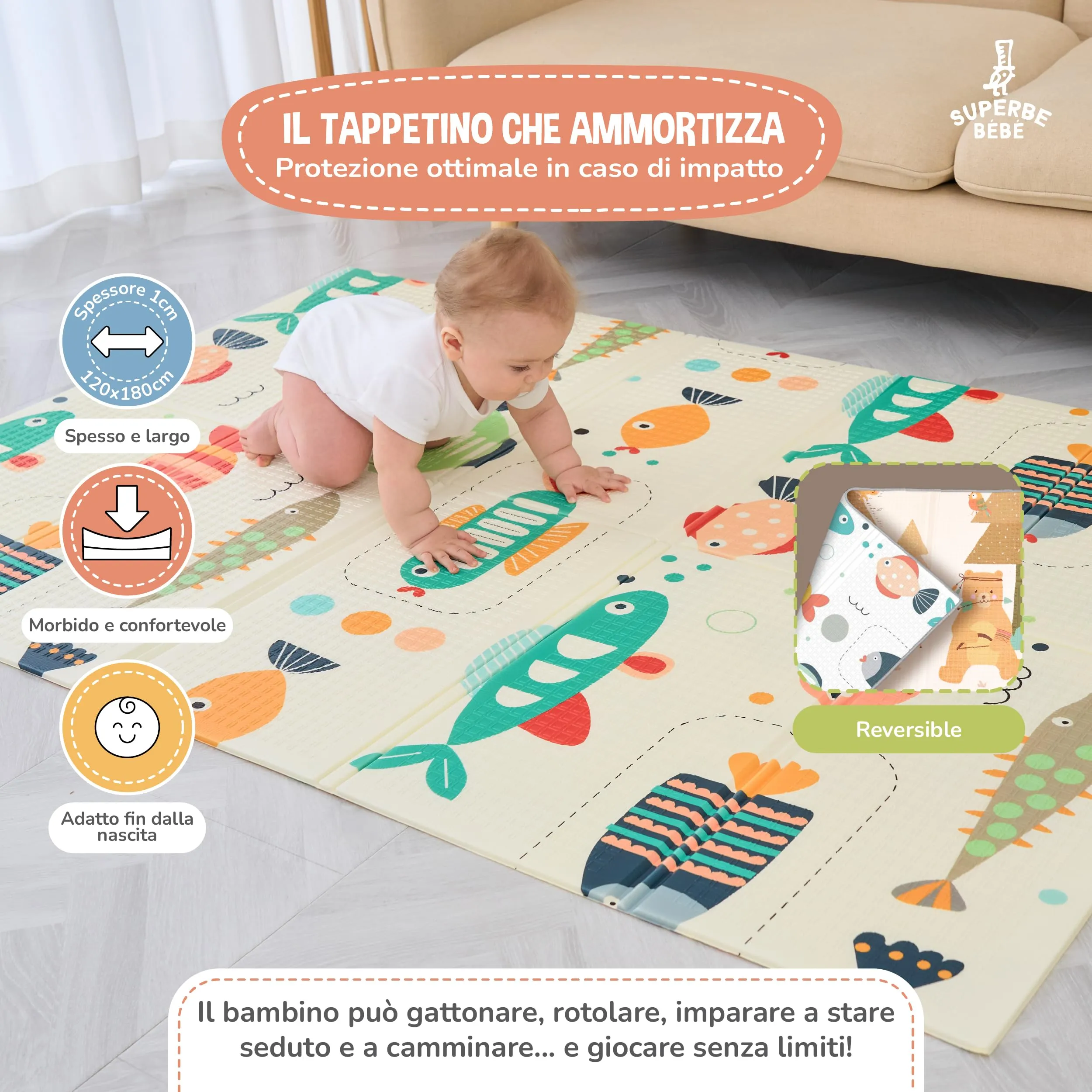 SUPERBE BEBE Tappeto Gioco Bambini Pieghevole 120x180x1cm Montessori Reversibile in Schiuma - immagine 2
