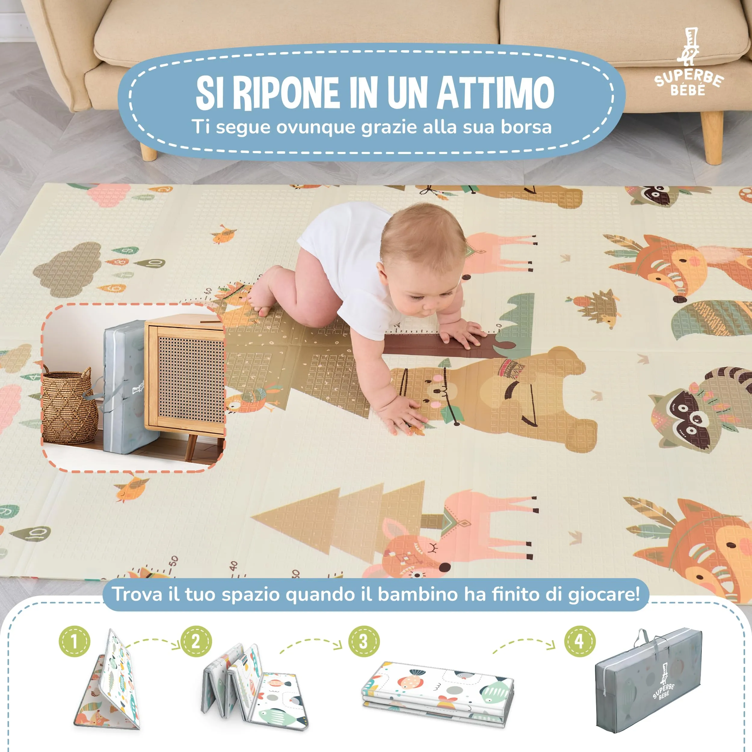 SUPERBE BEBE Tappeto Gioco Bambini Pieghevole 120x180x1cm Montessori Reversibile in Schiuma - immagine 3