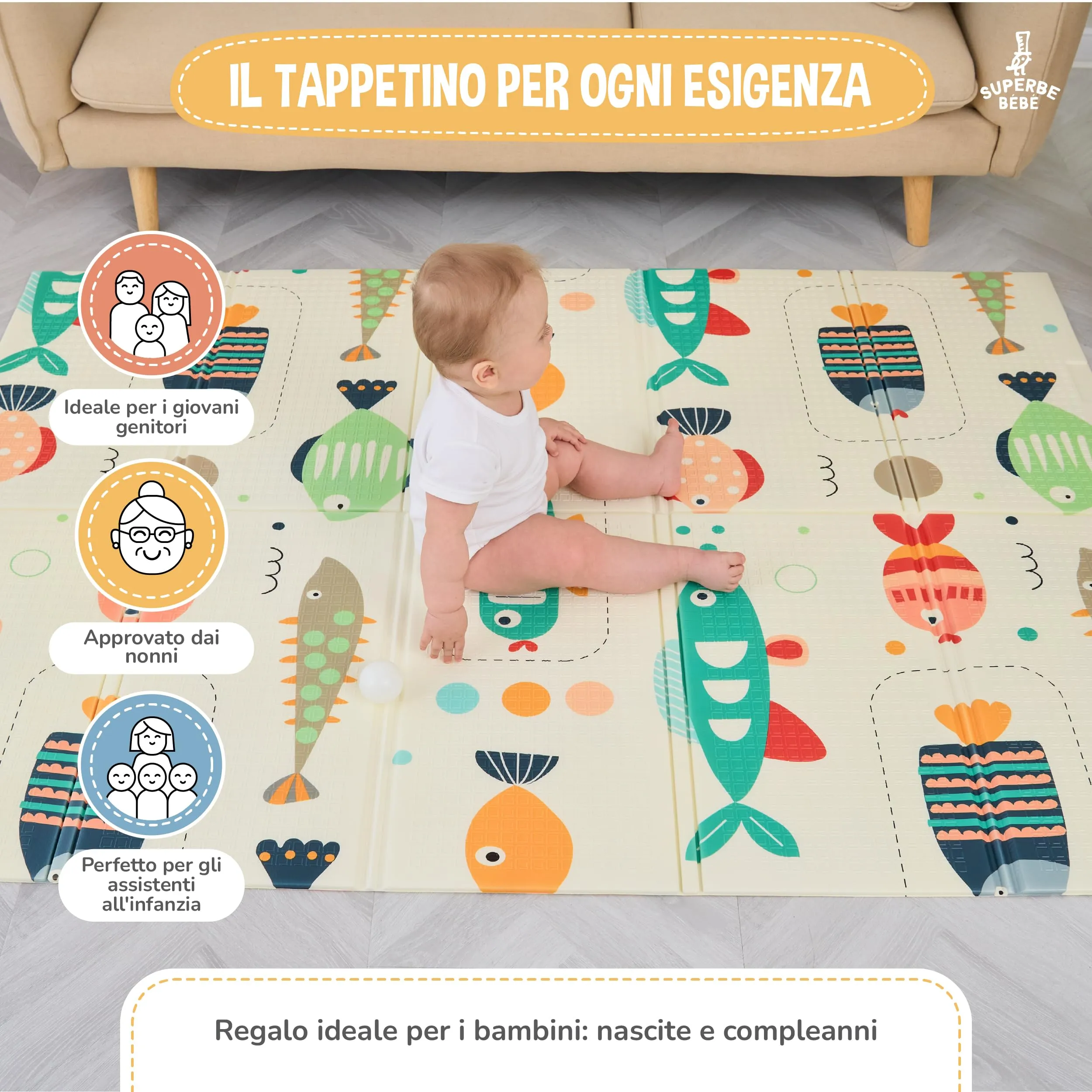 SUPERBE BEBE Tappeto Gioco Bambini Pieghevole 120x180x1cm Montessori Reversibile in Schiuma - immagine 4