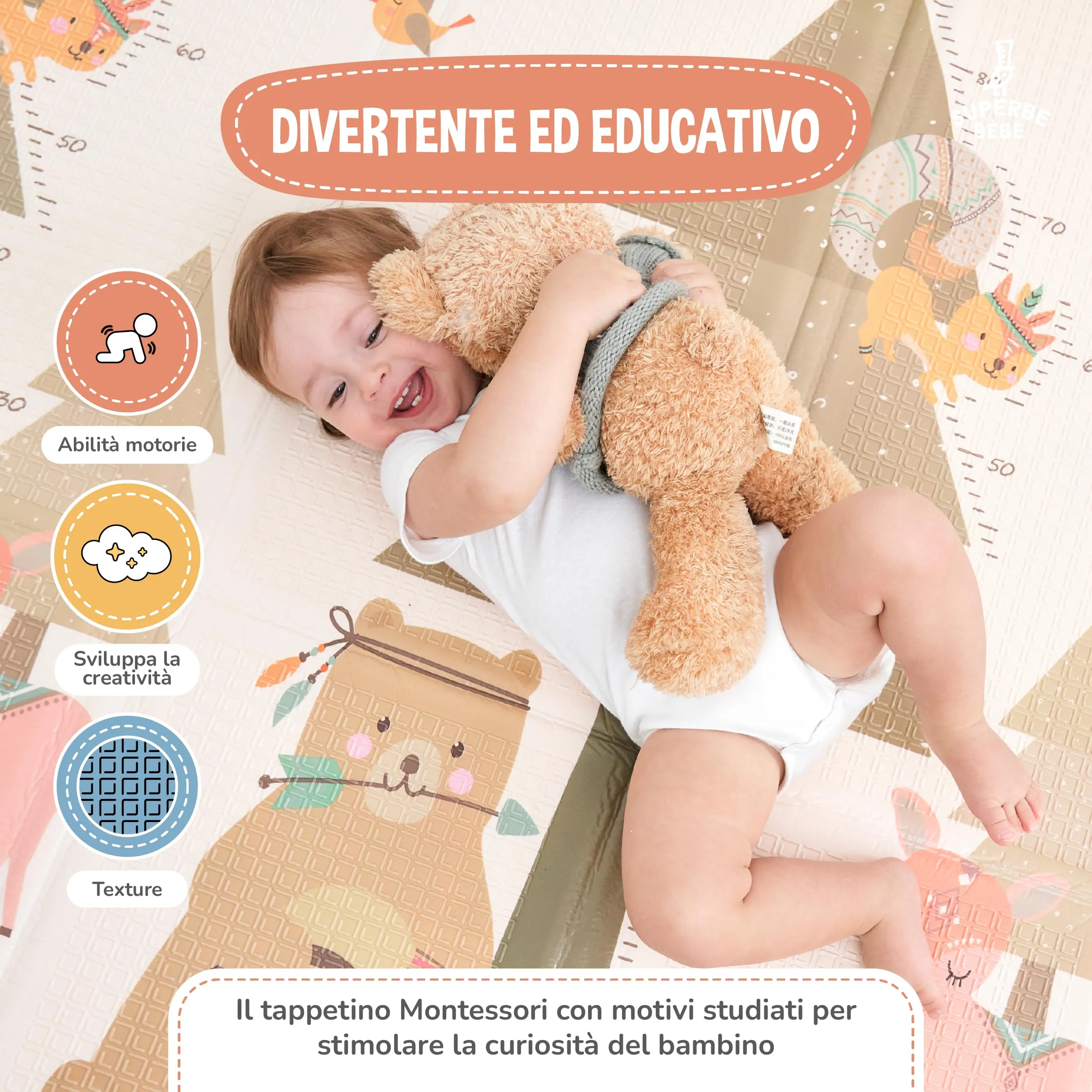 SUPERBE BEBE Tappeto Gioco Bambini Pieghevole 120x180x1cm Montessori Reversibile in Schiuma - immagine 6