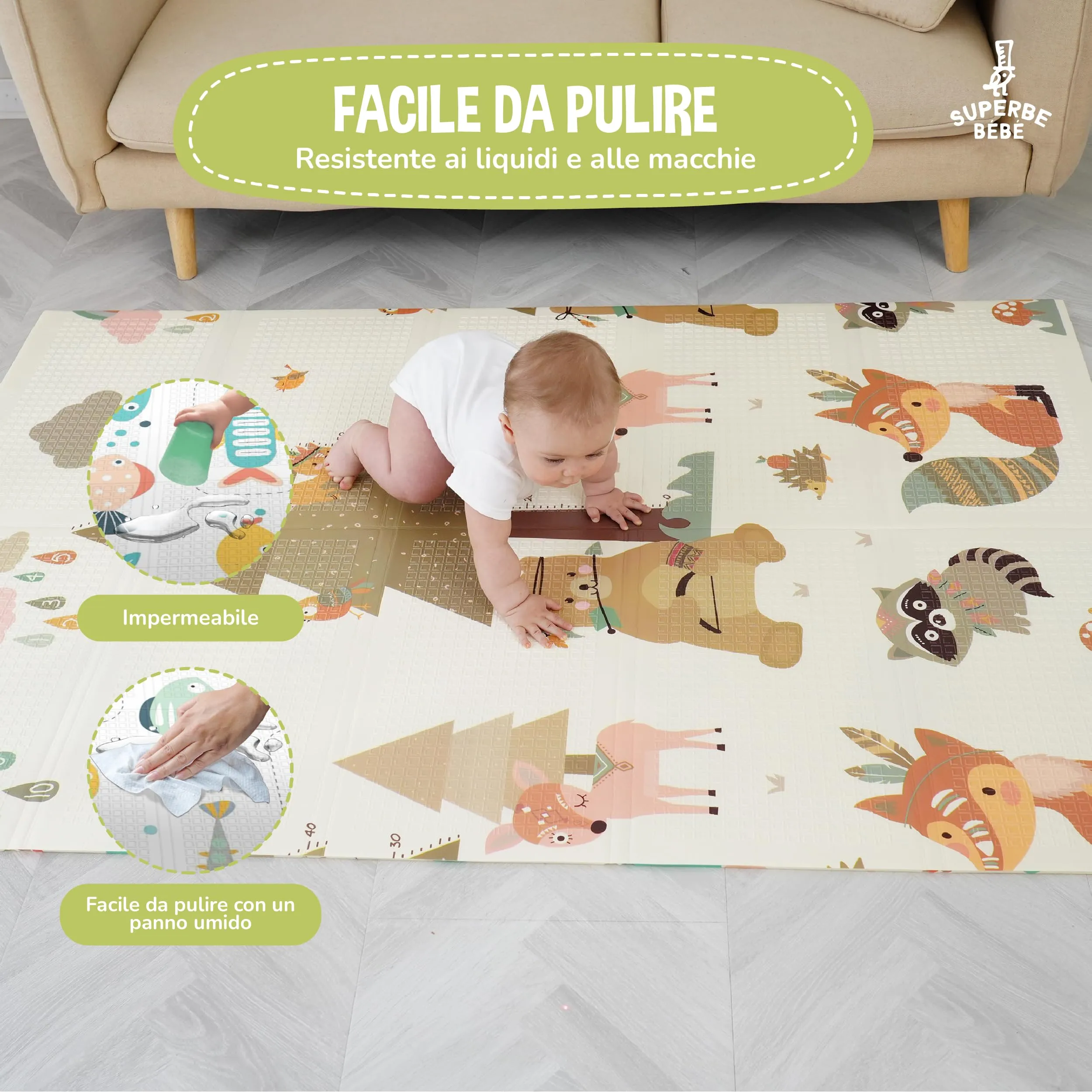 SUPERBE BEBE Tappeto Gioco Bambini Pieghevole 120x180x1cm Montessori Reversibile in Schiuma - immagine 8