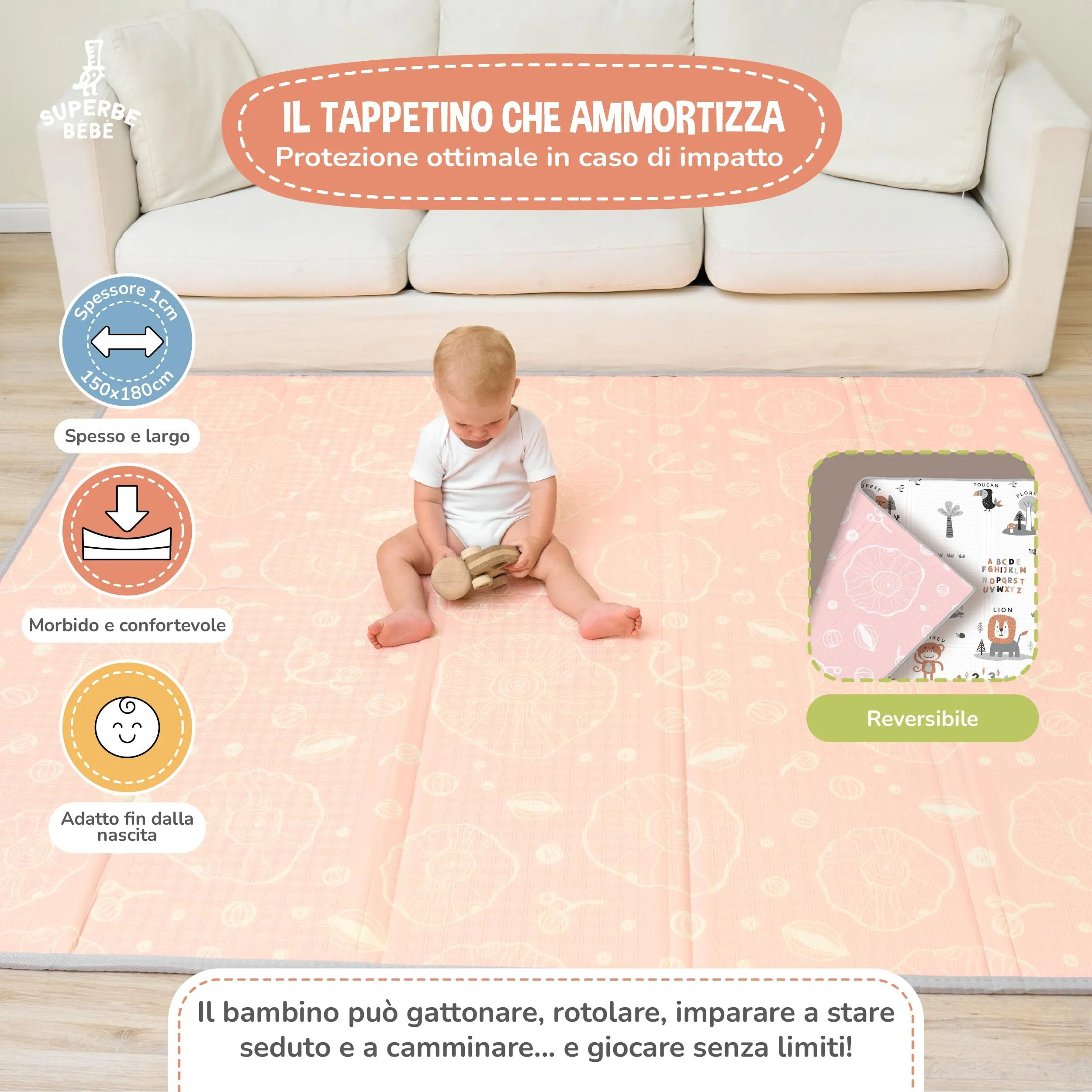 SUPERBE BEBE Tappeto Gioco Bambini Pieghevole 150x180x1cm Montessori Reversibile in Schiuma - immagine 2
