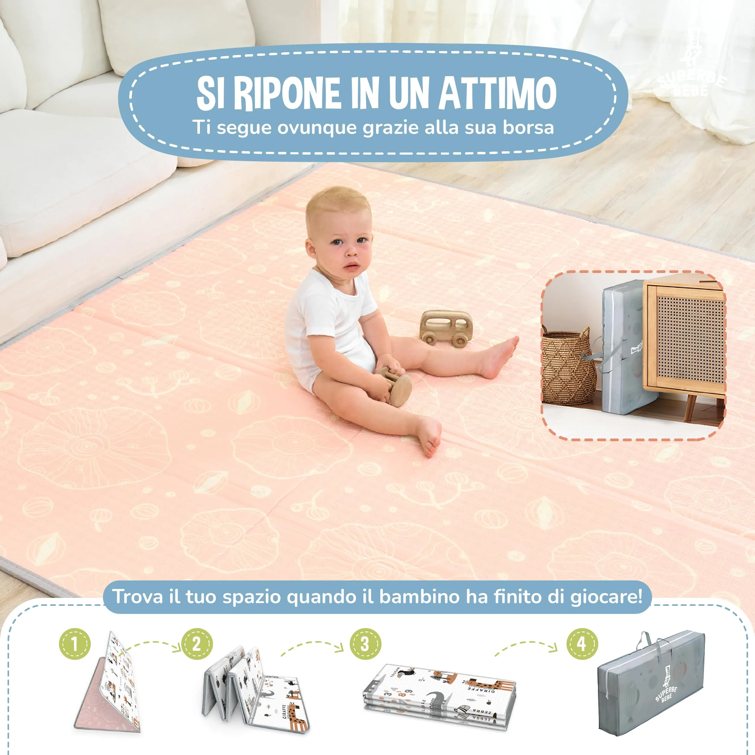 SUPERBE BEBE Tappeto Gioco Bambini Pieghevole 150x180x1cm Montessori Reversibile in Schiuma - immagine 3