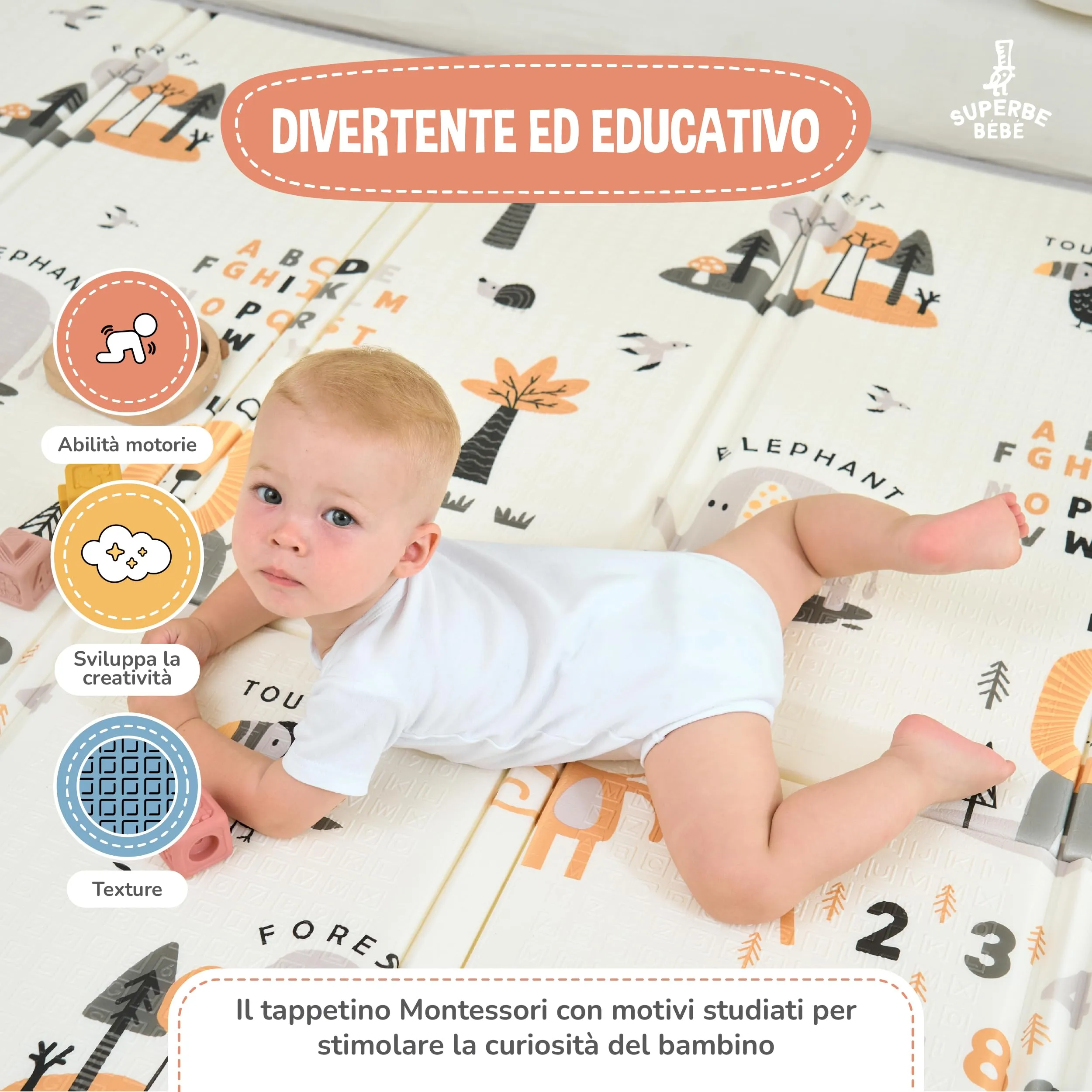 SUPERBE BEBE Tappeto Gioco Bambini Pieghevole 150x180x1cm Montessori Reversibile in Schiuma - immagine 6