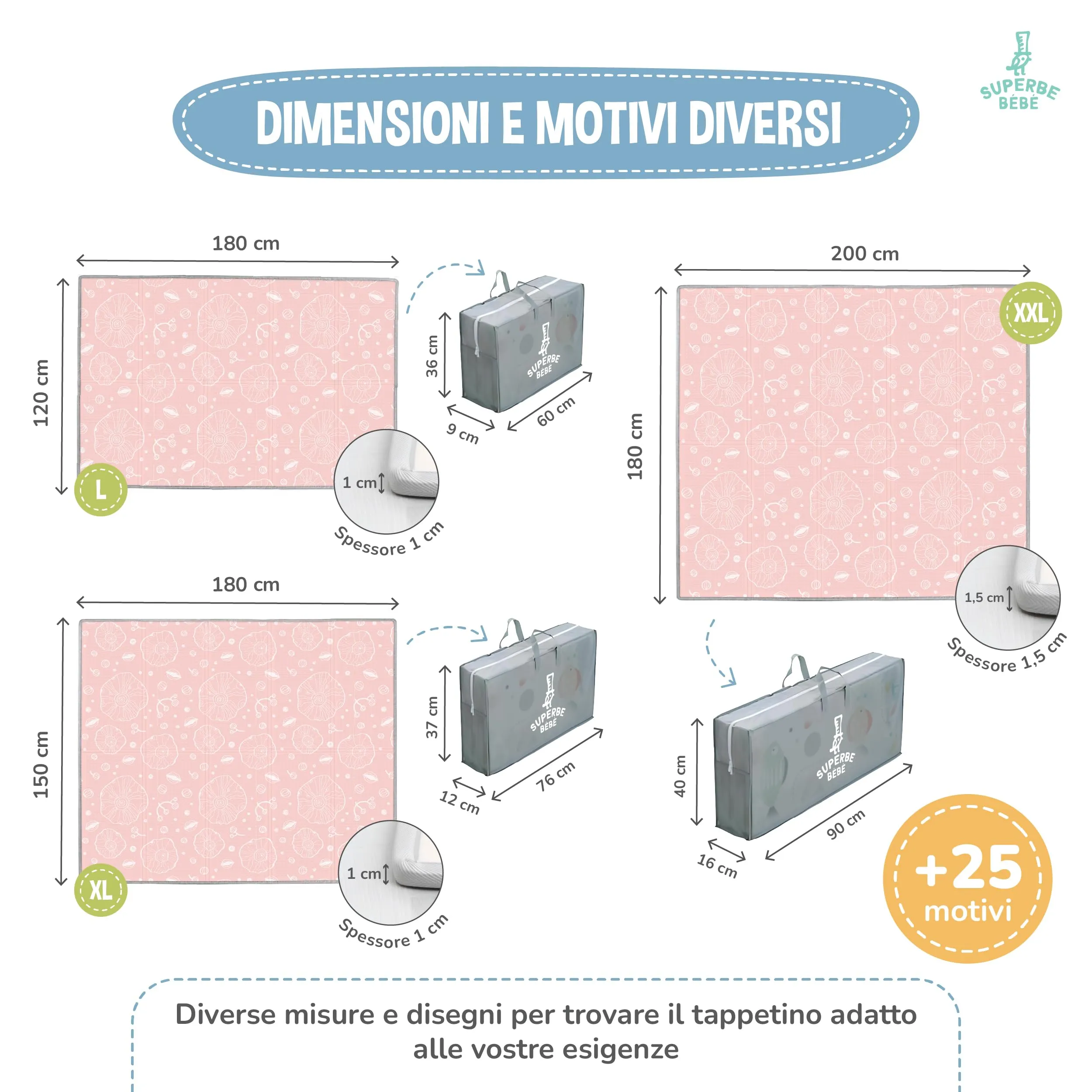 SUPERBE BEBE Tappeto Gioco Bambini Pieghevole 150x180x1cm Montessori Reversibile in Schiuma - immagine 7