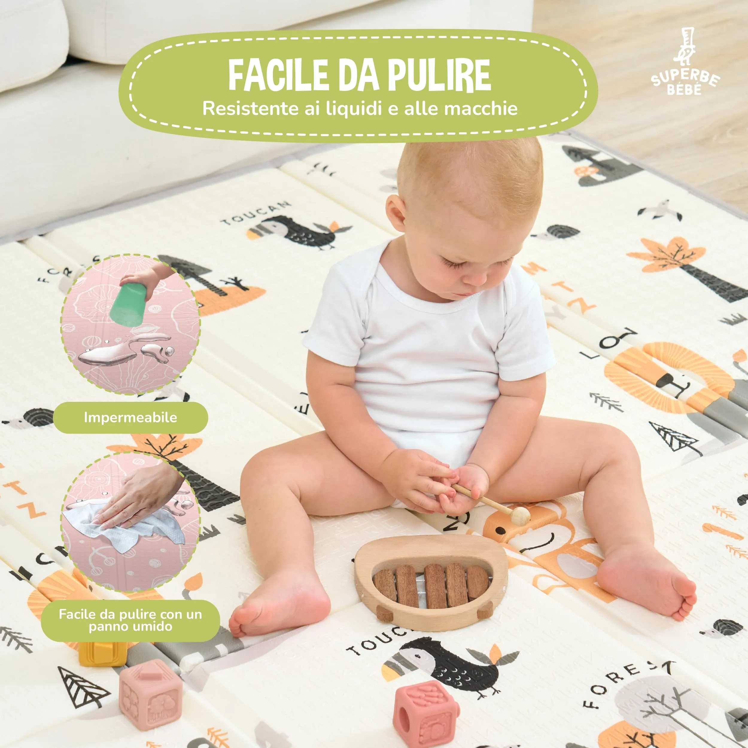 SUPERBE BEBE Tappeto Gioco Bambini Pieghevole 150x180x1cm Montessori Reversibile in Schiuma - immagine 8