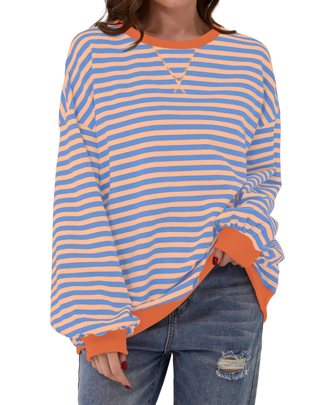 DUOEASE Felpa Donna Oversize a Righe Manica Lunga Top Y2K - immagine 1