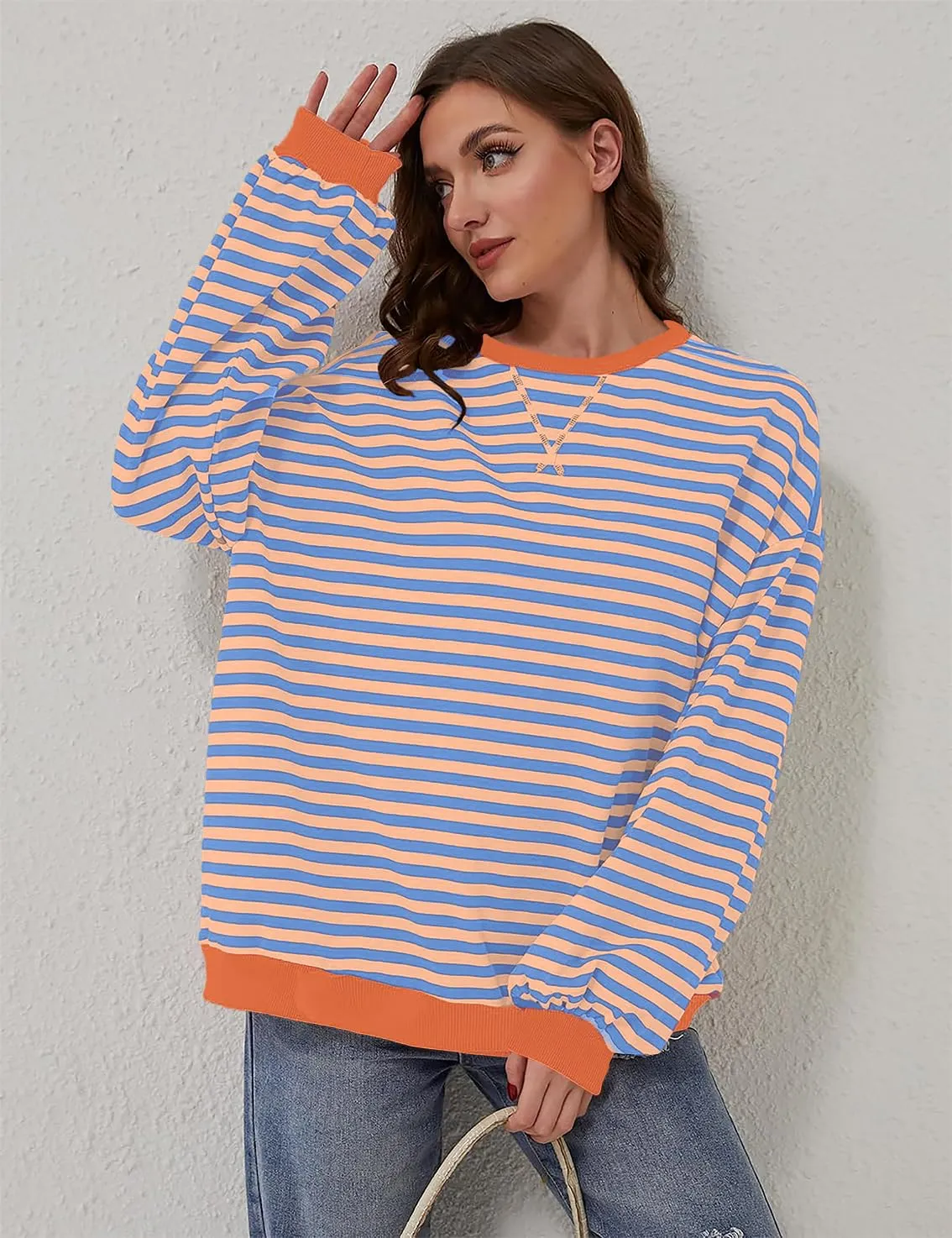 DUOEASE Felpa Donna Oversize a Righe Manica Lunga Top Y2K - immagine 3