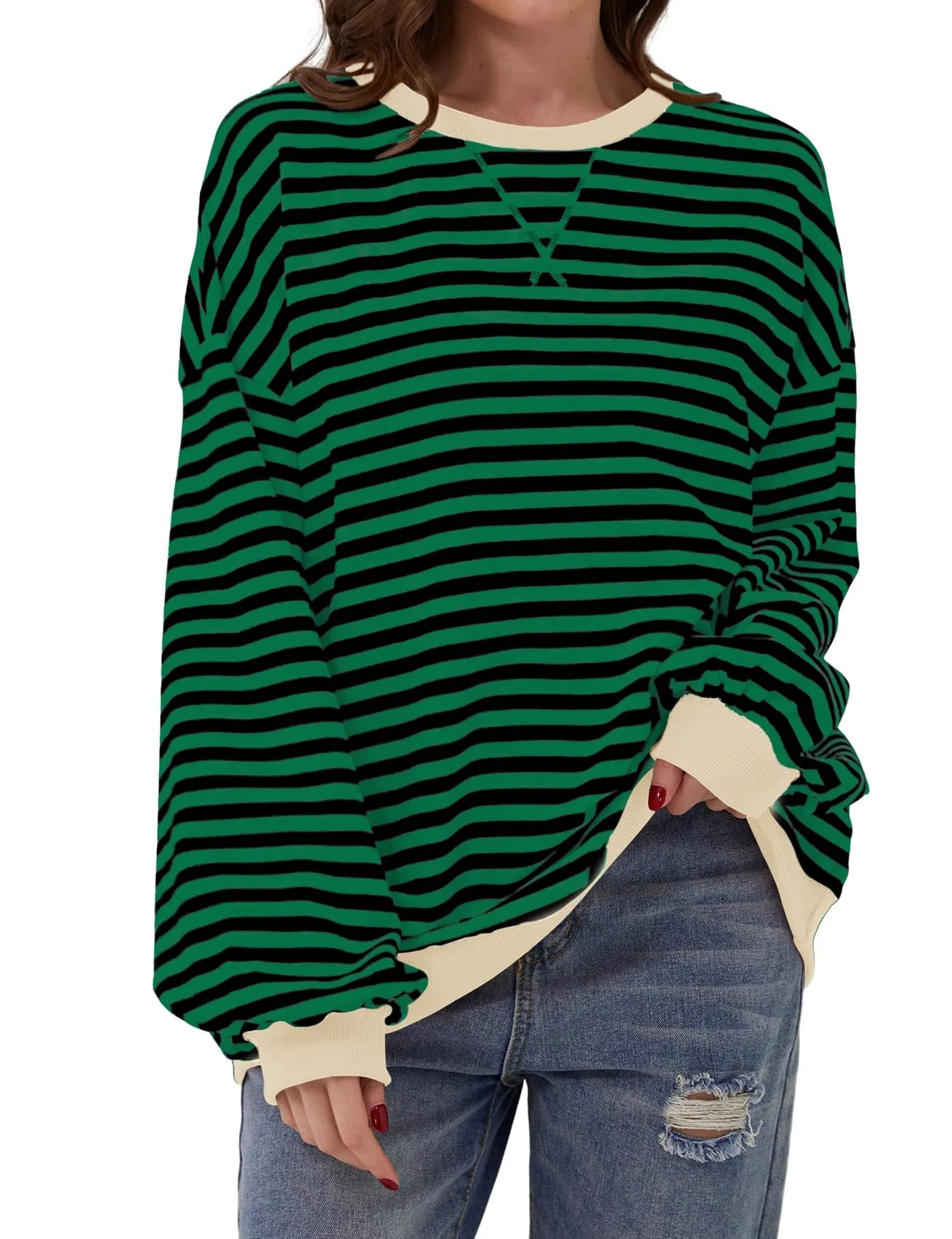 DUOEASE Felpa Donna Oversize a Righe Manica Lunga Verde-Nero XL - immagine 1