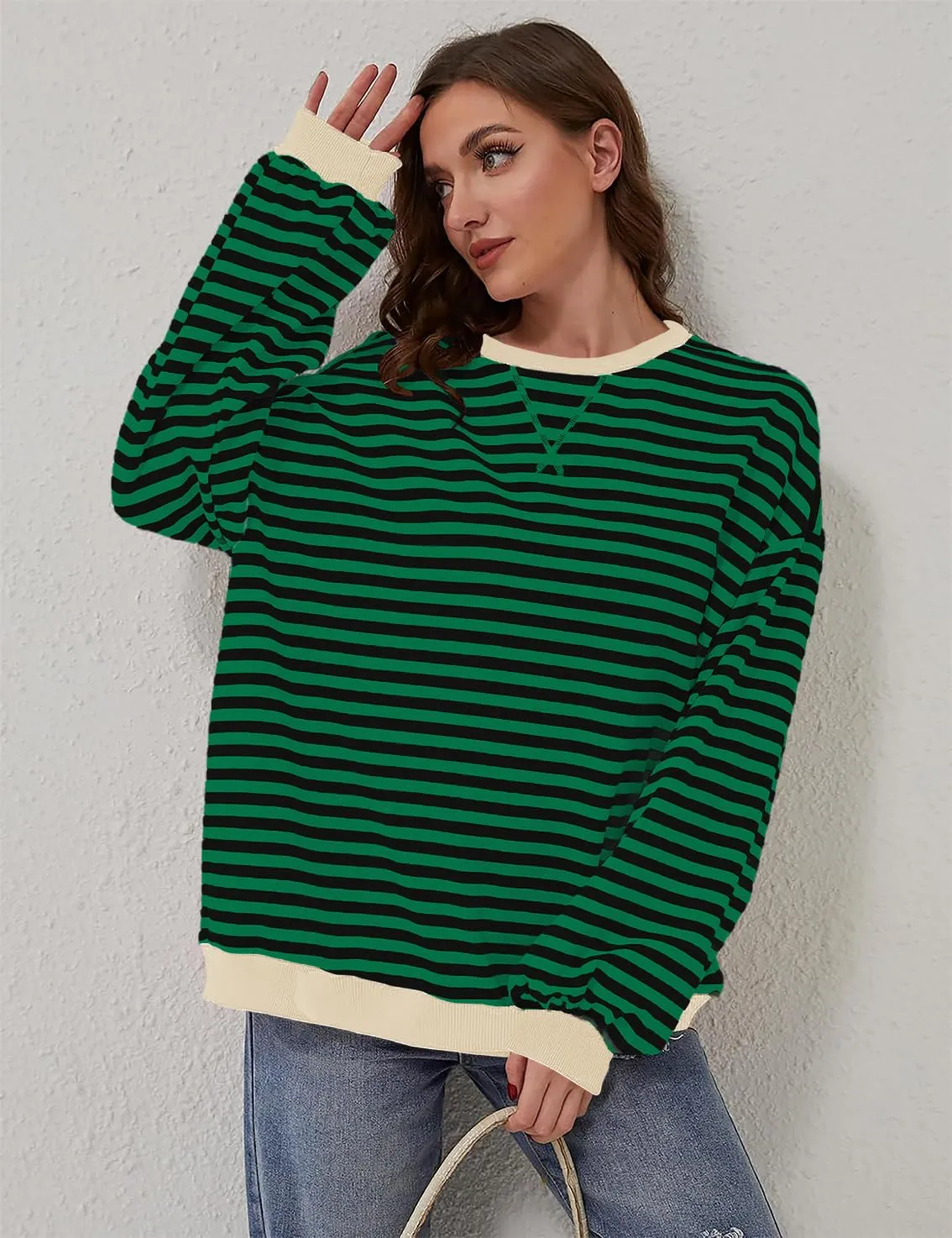 DUOEASE Felpa Donna Oversize a Righe Manica Lunga Verde-Nero XL - immagine 3