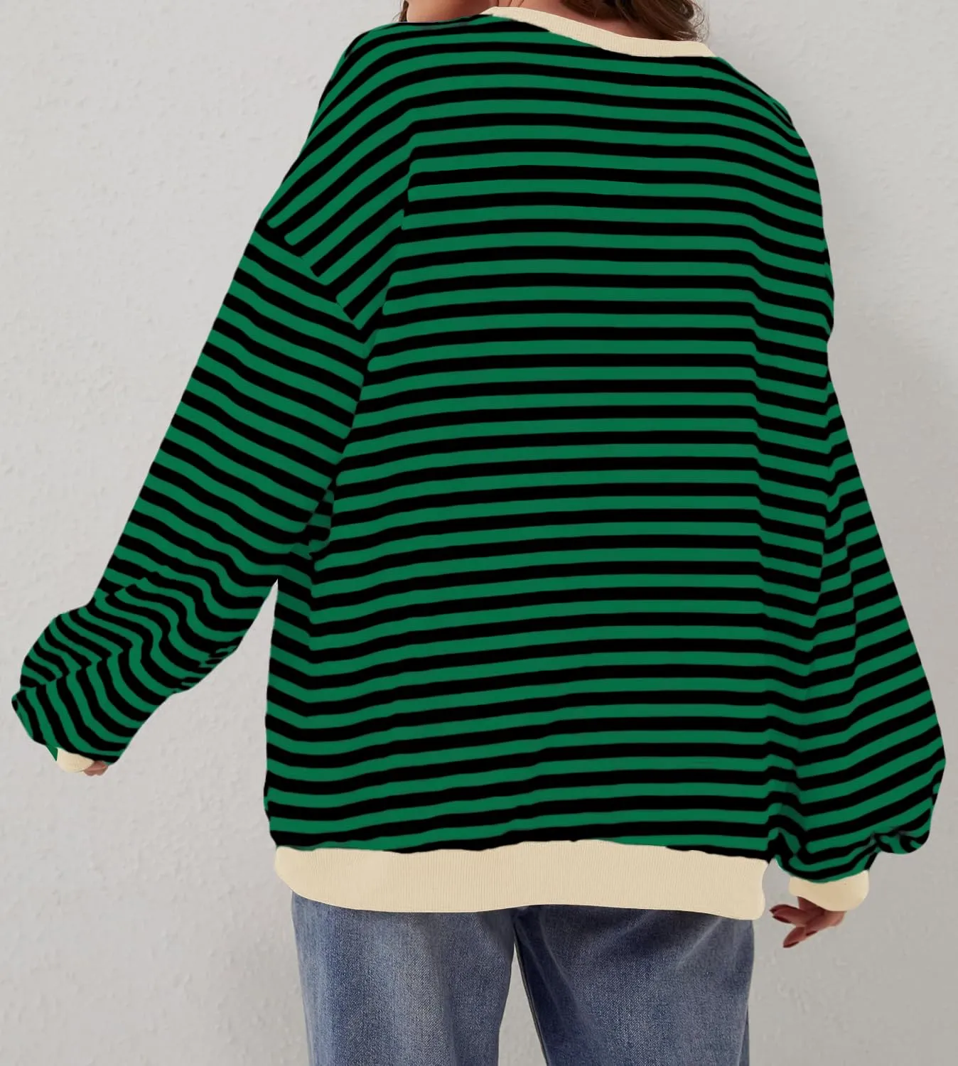 DUOEASE Felpa Donna Oversize a Righe Manica Lunga Verde-Nero XL - immagine 5