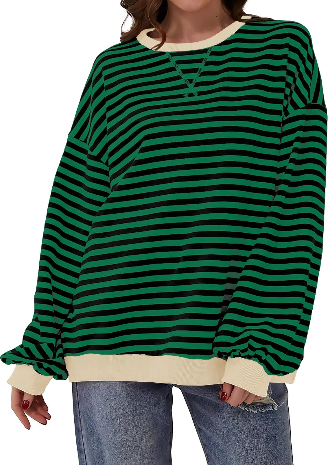 DUOEASE Felpa Donna Oversize a Righe Manica Lunga Verde-Nero - immagine 2