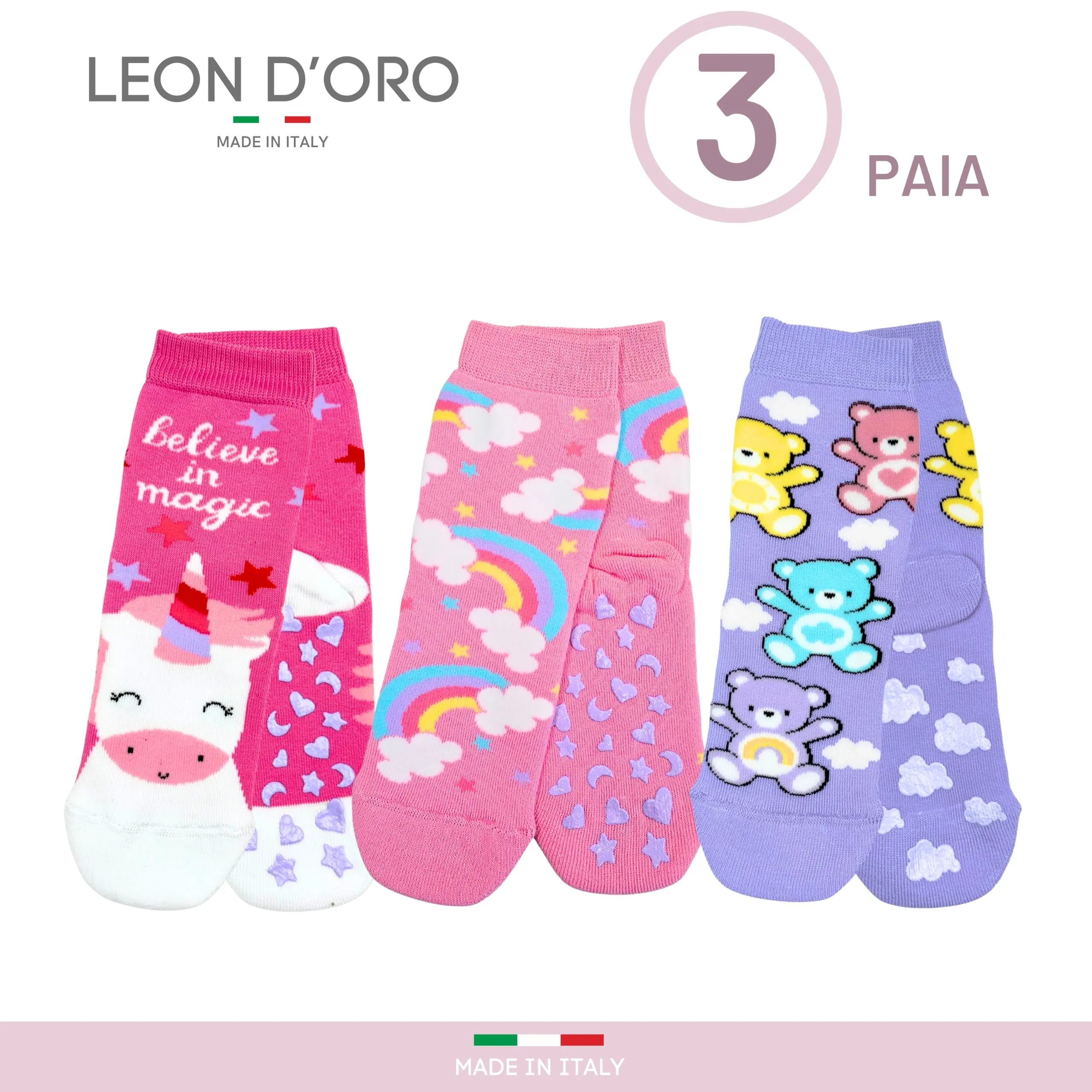 LEON D'ORO Calzini Bambina Antiscivolo in Cotone, 3 Paia, 23-28, Made in Italy - immagine 4