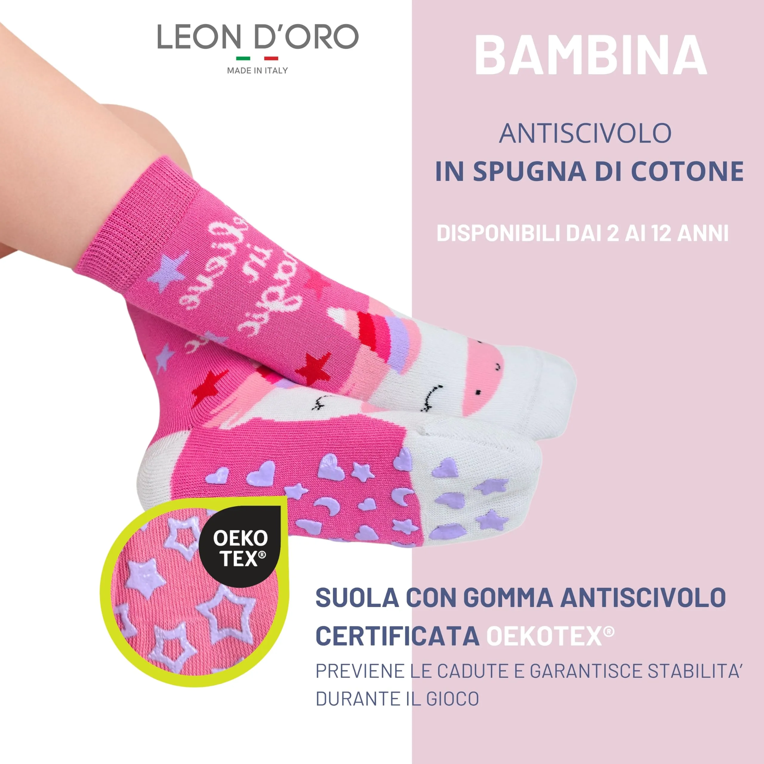LEON D'ORO Calzini Bambina Antiscivolo in Cotone, 3 Paia, Made in Italy, Taglia 35-40 - immagine 3