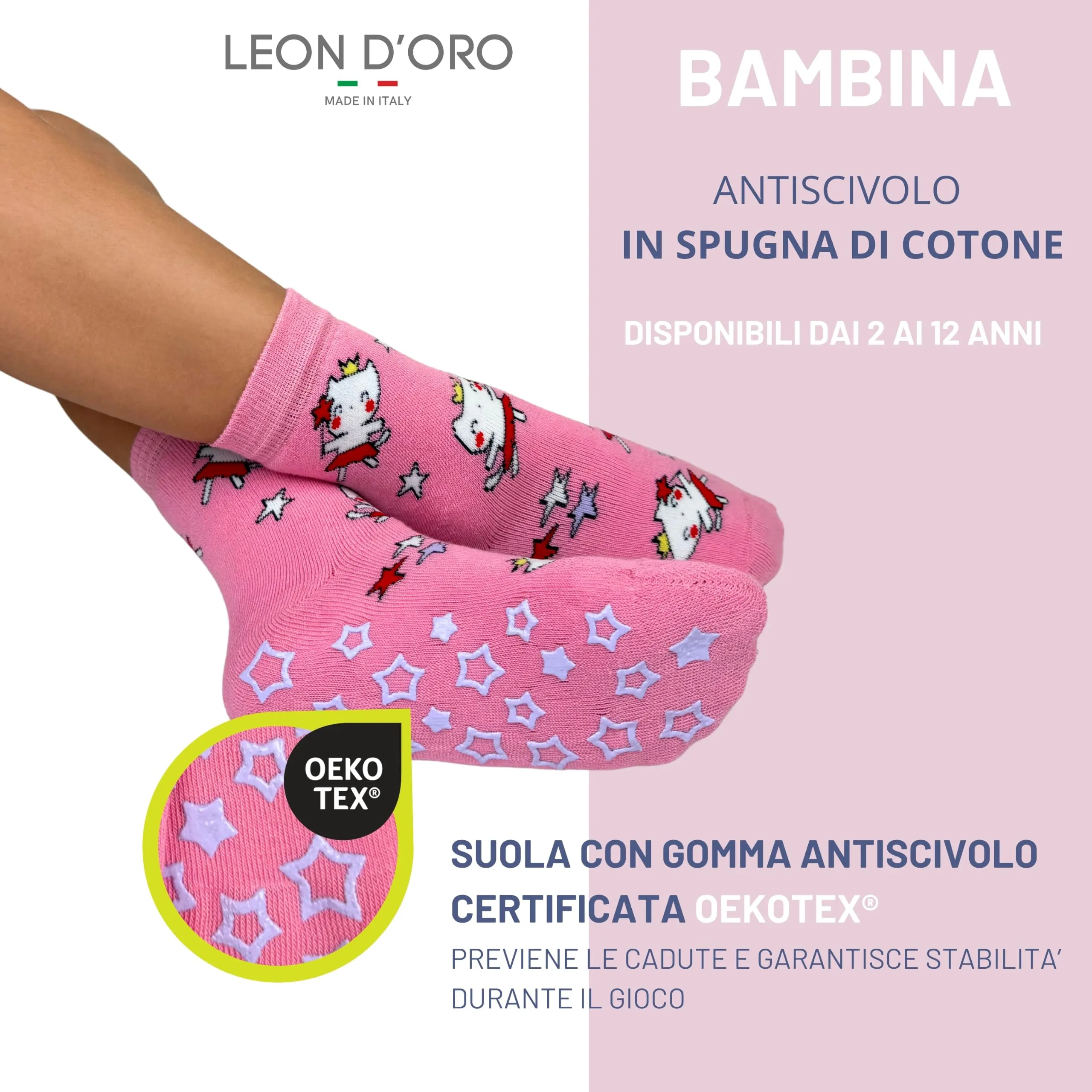 LEON D'ORO Calzini Bambina Antiscivolo in Cotone, 3 Paia, Made in Italy, 23-28 - immagine 3