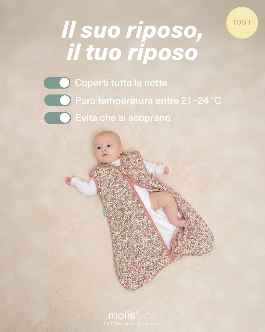 molis & co Sacco Nanna 1 TOG per Neonato 18-36 mesi, 100% Cotone Oeko-Tex, Peony - immagine 5