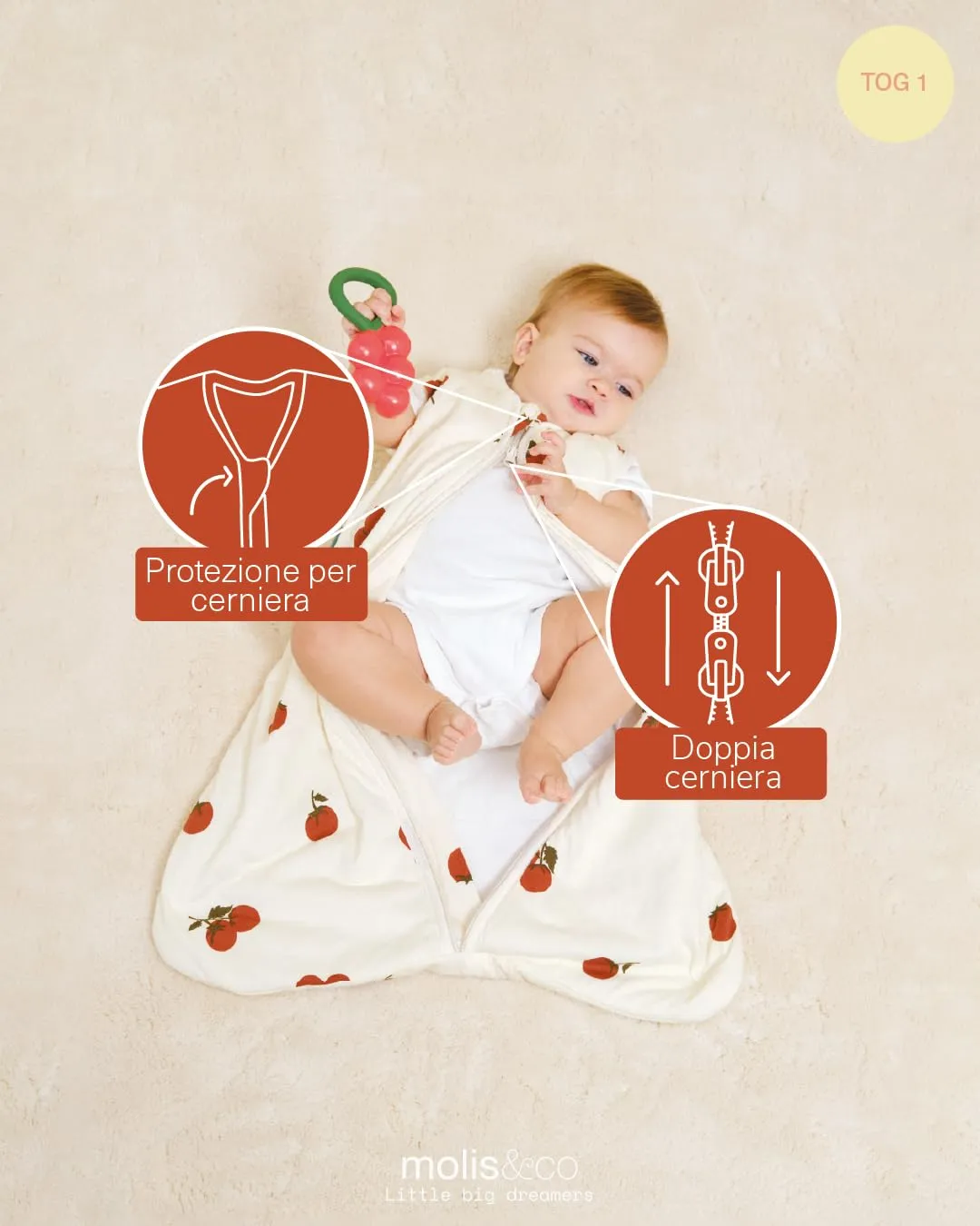molis & co Sacco Nanna 1 TOG per Neonato 6-18 mesi, 100% Cotone Oeko-Tex, Tomatoes - immagine 3