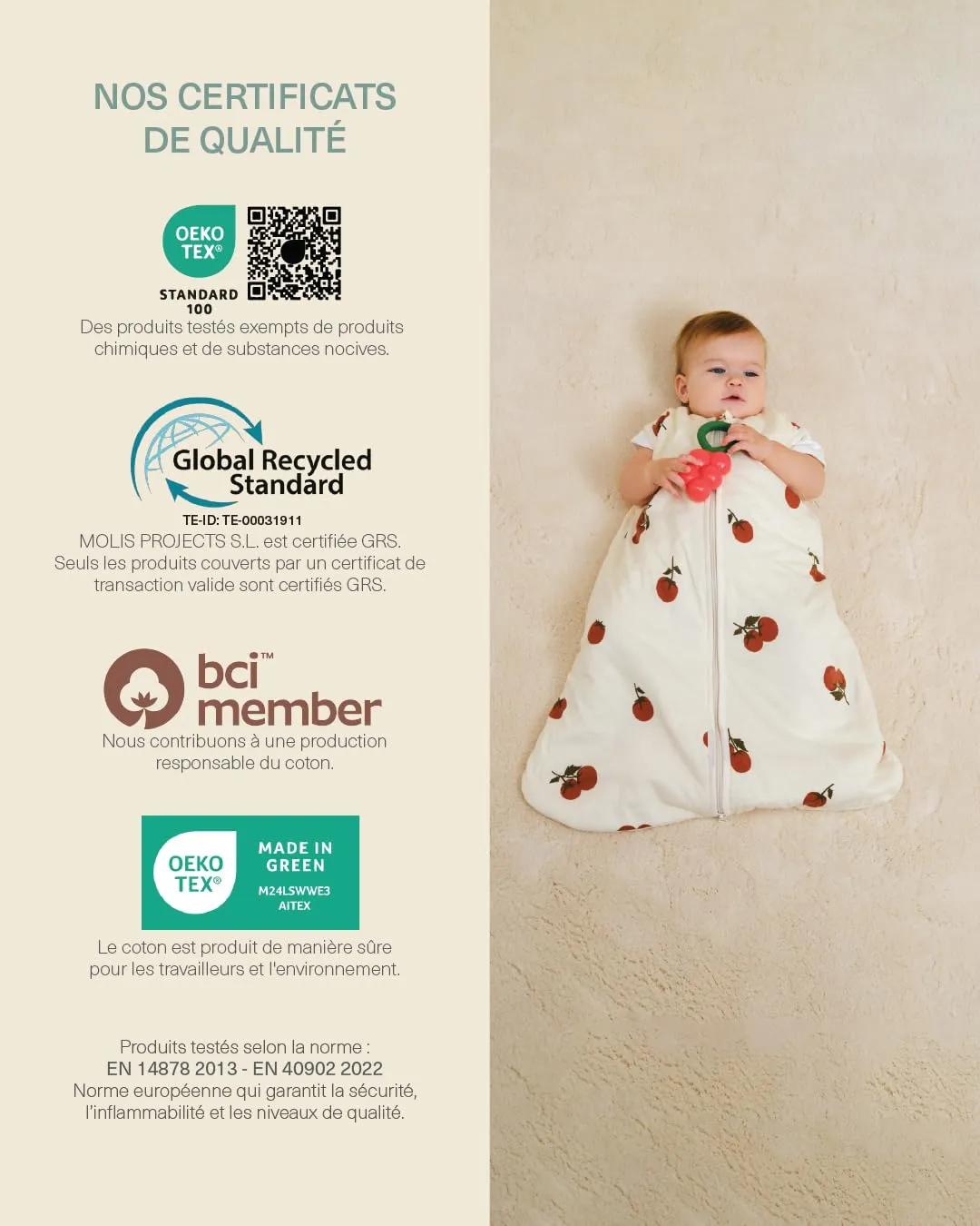 molis & co Sacco Nanna 1 TOG per Neonato 6-18 mesi, 100% Cotone Oeko-Tex, Tomatoes - immagine 7