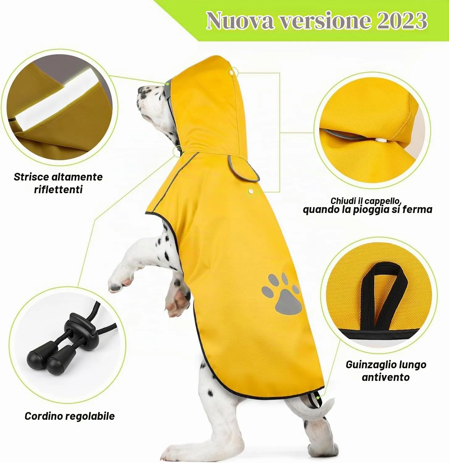 DQGHQME Impermeabile per Cani con Striscia Riflettente e Cappuccio Regolabile, Poncho Antipioggia per Cani Piccoli, Giallo, Taglia S - immagine 5
