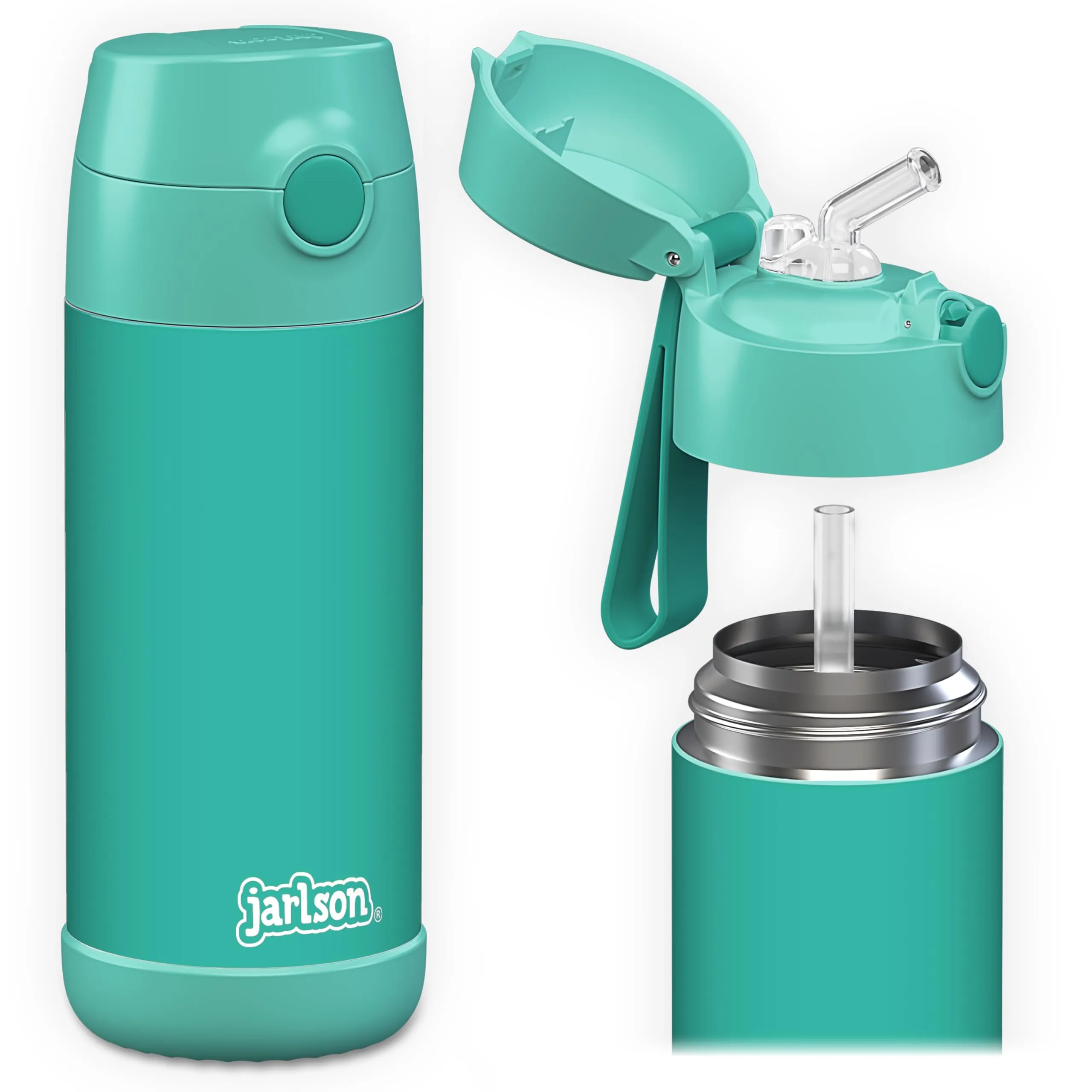 Jarlson Borraccia Termica Bambini CHARLI con Cannuccia, Acciaio Inox, 350ml, Turchese - immagine 1