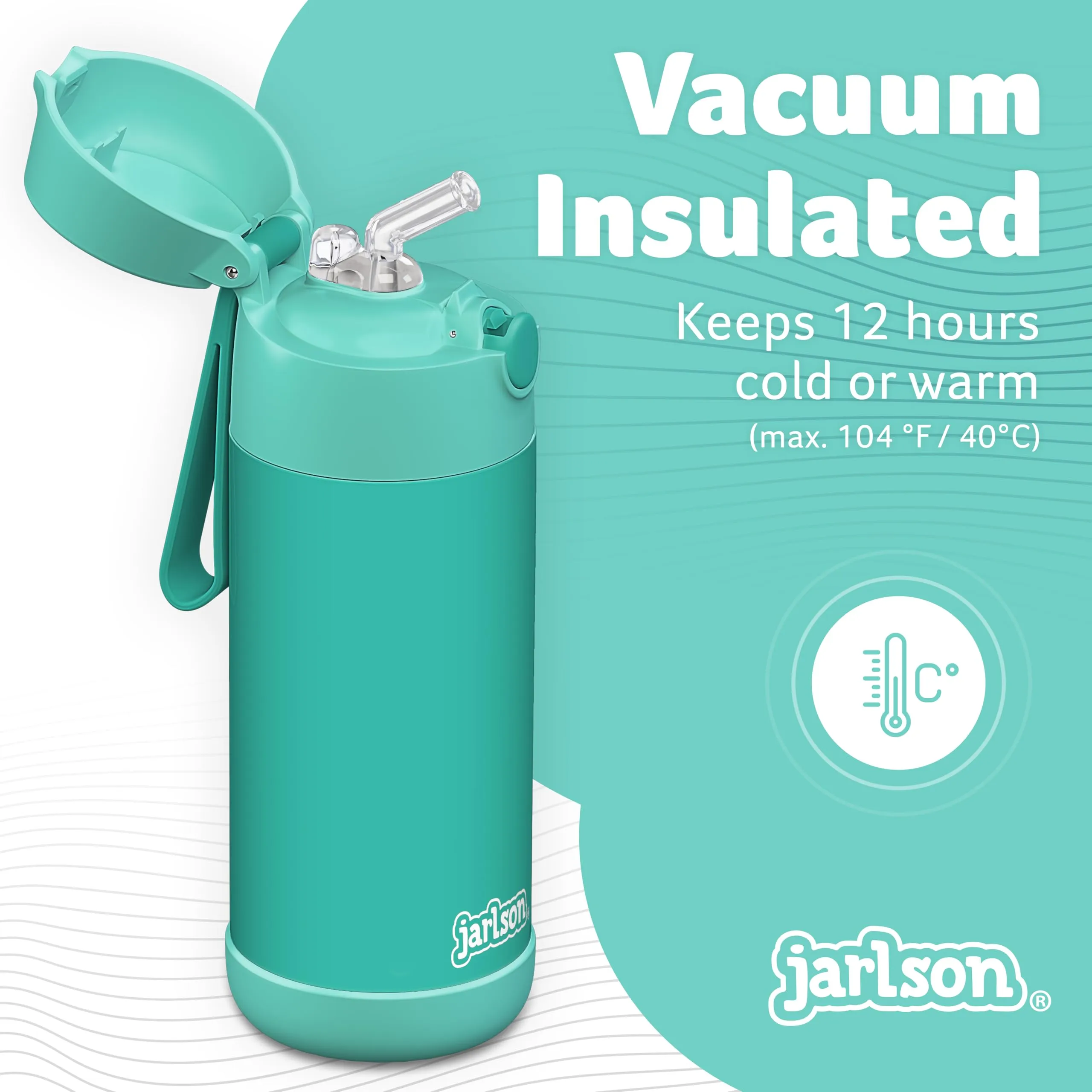 Jarlson Borraccia Termica Bambini CHARLI con Cannuccia, Acciaio Inox, 350ml, Turchese - immagine 2