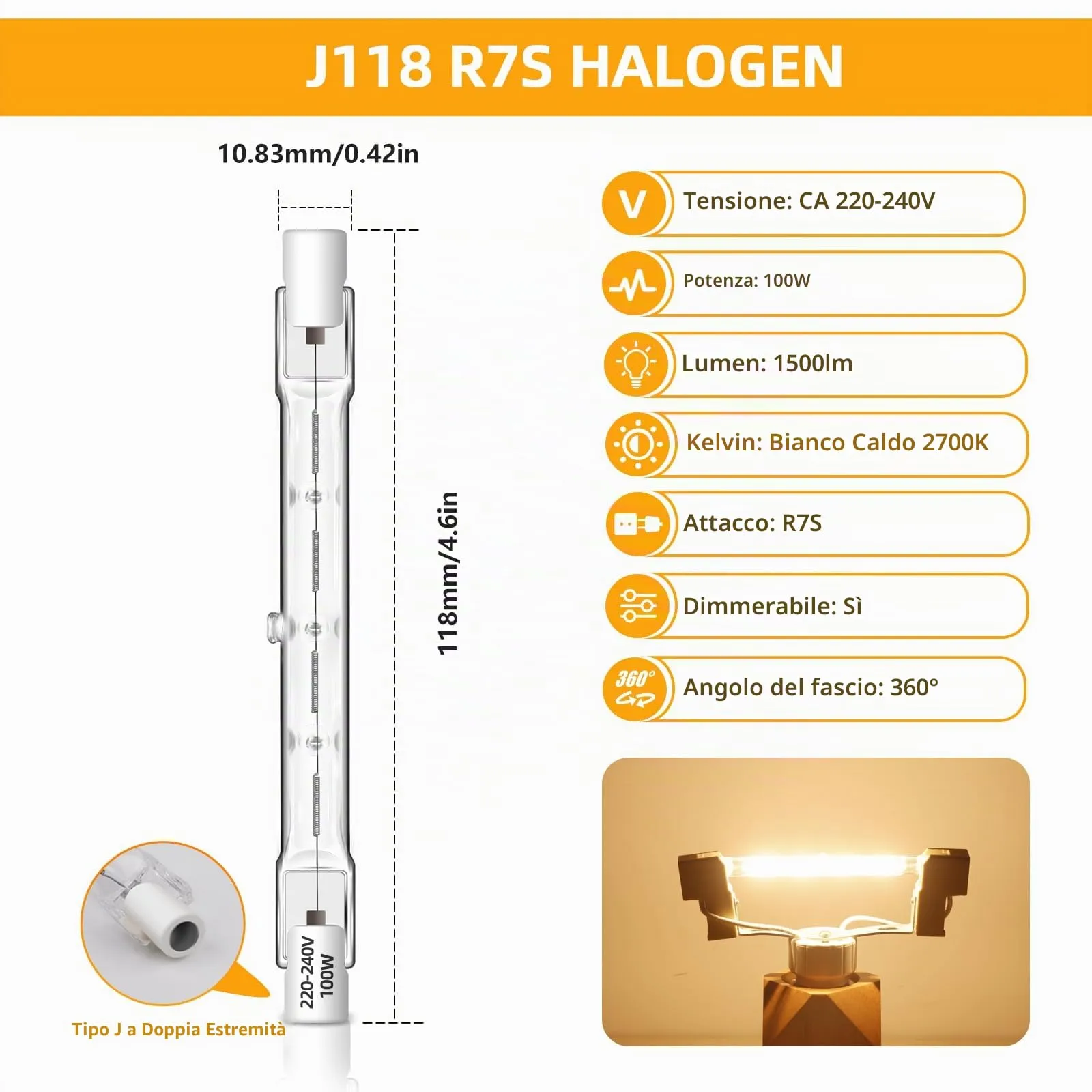 Caldarax Lampadine Alogene R7s 118mm 100W Dimmerabili, 230V, 1500LM, Bianco Caldo 2700K, 6 Pezzi - immagine 2