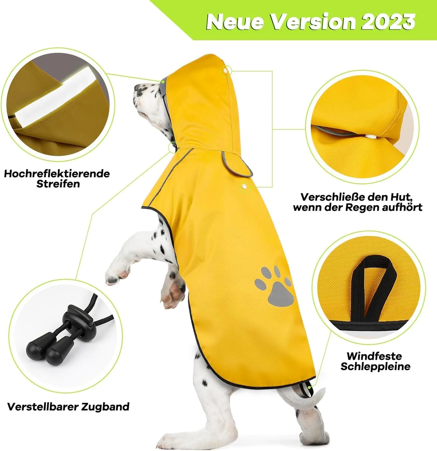 Cappotto impermeabile per cani DQGHQME con cappuccio e strisce riflettenti, Taglia M, Giallo - immagine 5