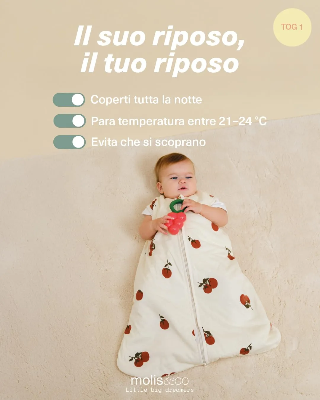 molis & co Sacco Nanna 1 TOG per Neonato 0-6 mesi, 100% Cotone Oeko-Tex, Senza Maniche - Tomatoes - immagine 5