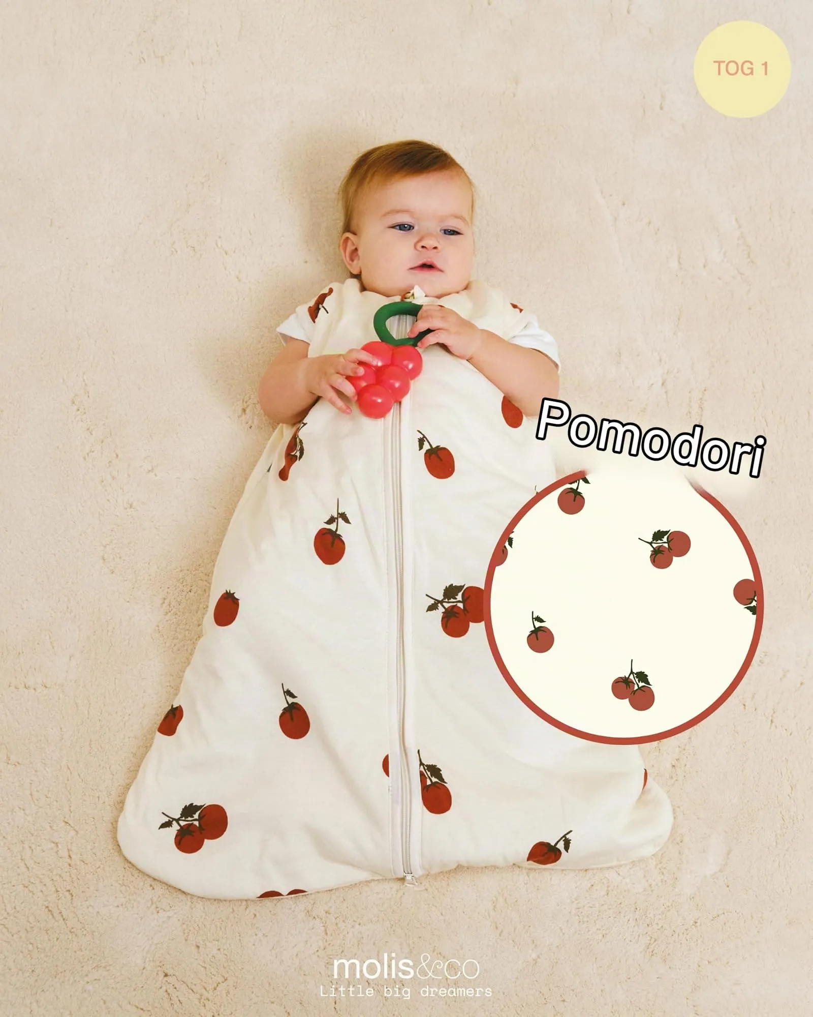 molis&co Sacco Nanna 1 TOG per Neonato 0 mesi, 100% Cotone Oeko-Tex, Leggermente Imbotto, Senza Maniche - Tomatoes - immagine 4