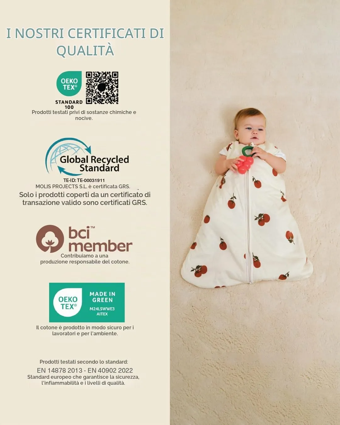 molis&co Sacco Nanna 1 TOG per Neonato 0 mesi, 100% Cotone Oeko-Tex, Leggermente Imbotto, Senza Maniche - Tomatoes - immagine 7