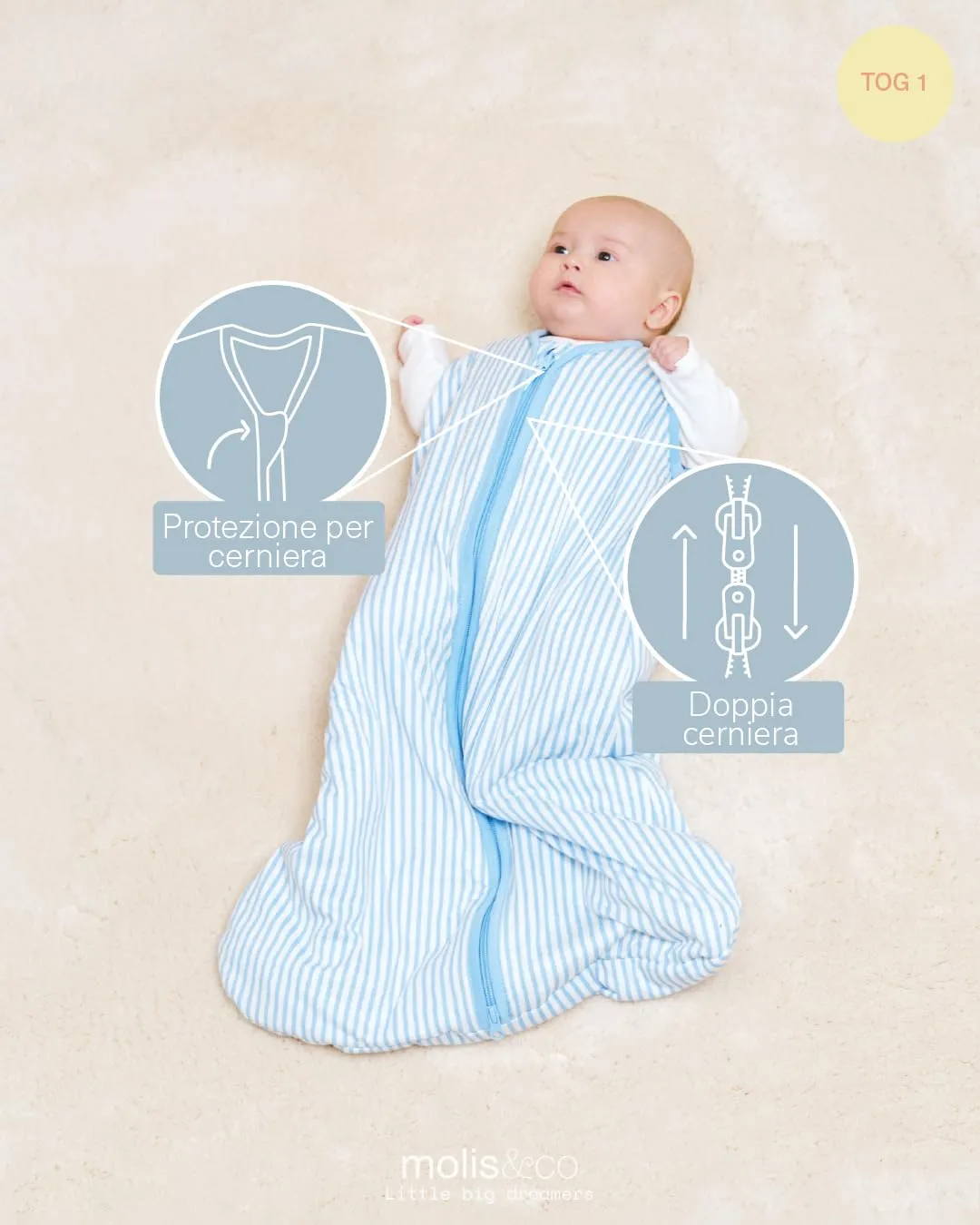 molis & co Sacco Nanna 1 TOG, 6-18 mesi, 100% Cotone Oeko-Tex, Sailor Blue - immagine 3