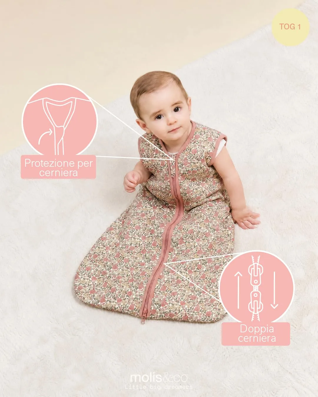 molis & co Sacco Nanna 1 TOG per Neonato 0 mesi, 100% Cotone Oeko-Tex, Peony - immagine 3